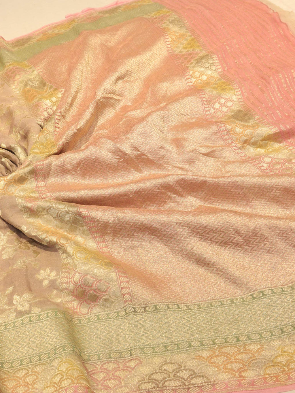 Taupe Rose Gold Tissue Georgette Banarasi saree border closeup