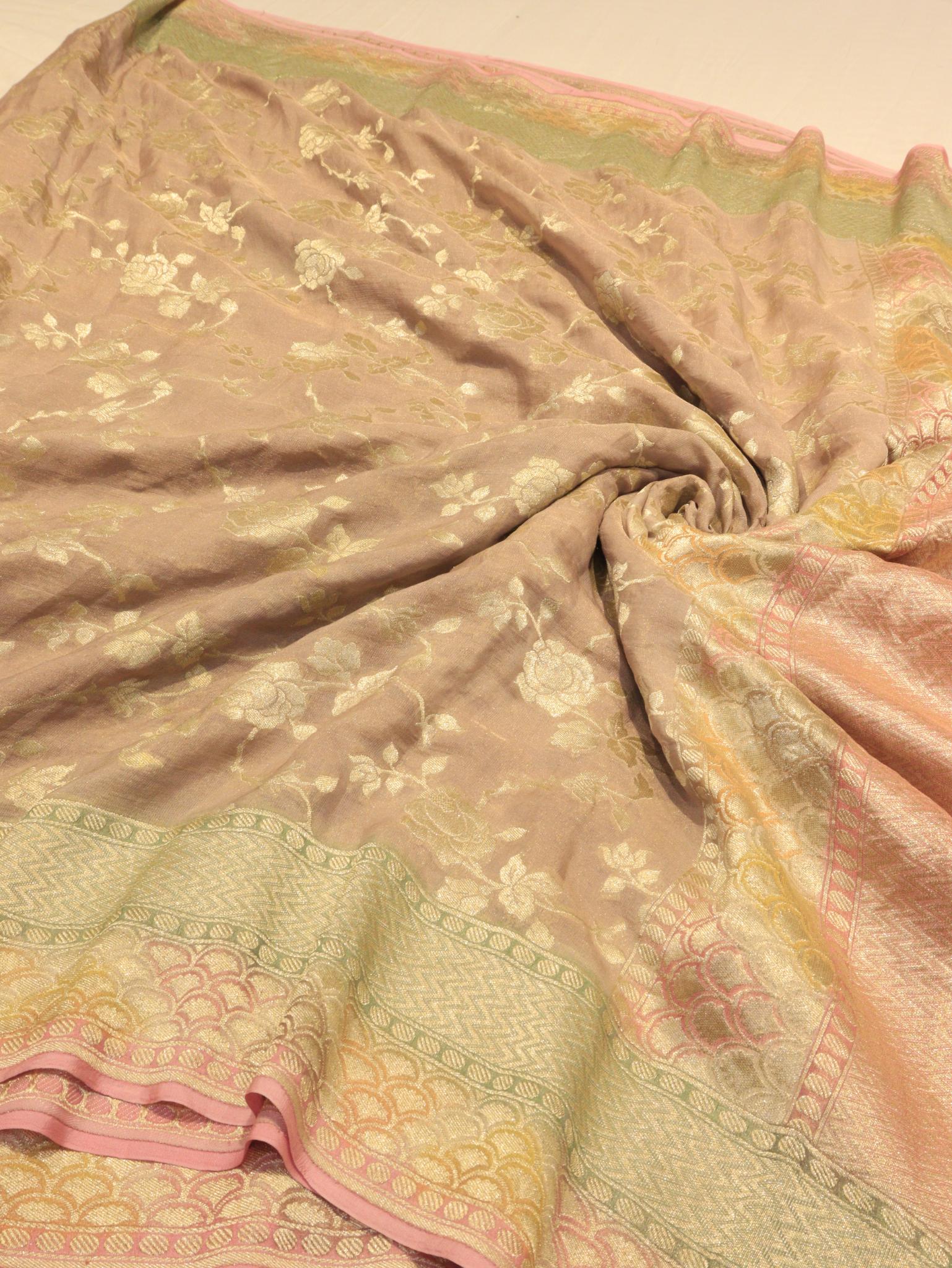 Taupe Rose Gold Tissue Georgette Banarasi saree pallu detail