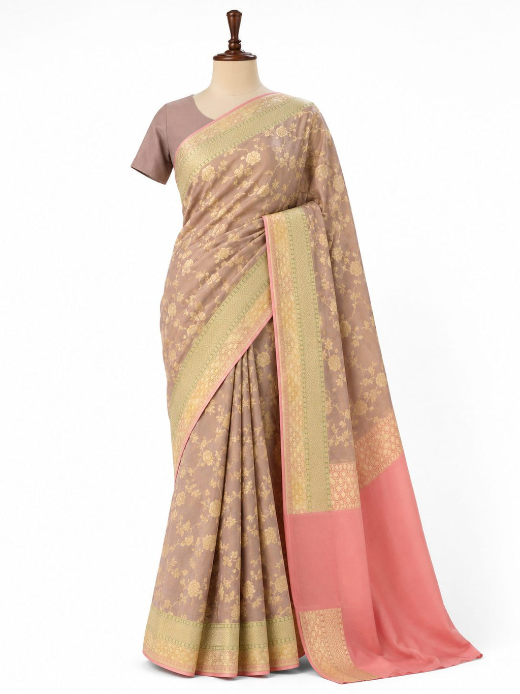 Taupe Rose Gold Tissue Georgette Banarasi saree front drape view