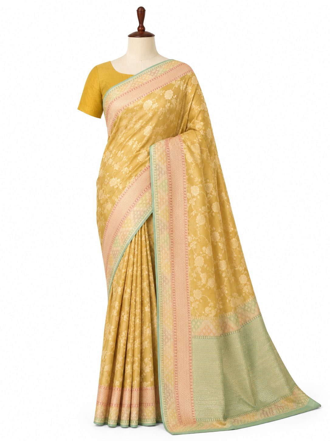 Yellow Tissue Georgette Banarasi saree front drape view