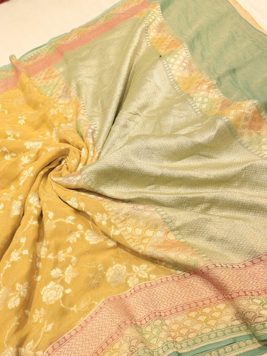 Yellow Tissue Georgette Banarasi saree border closeup