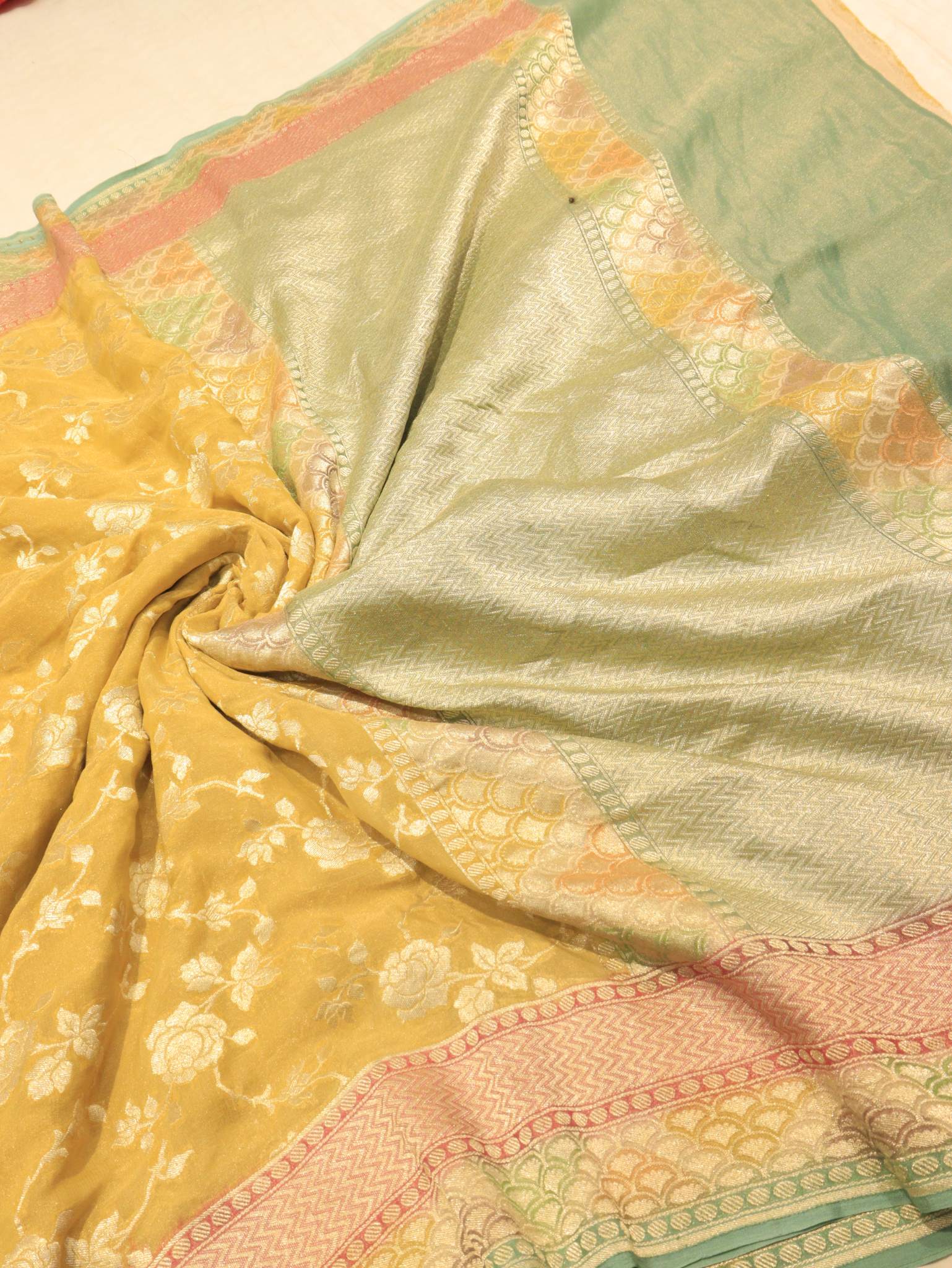 Yellow Tissue Georgette Banarasi saree border closeup