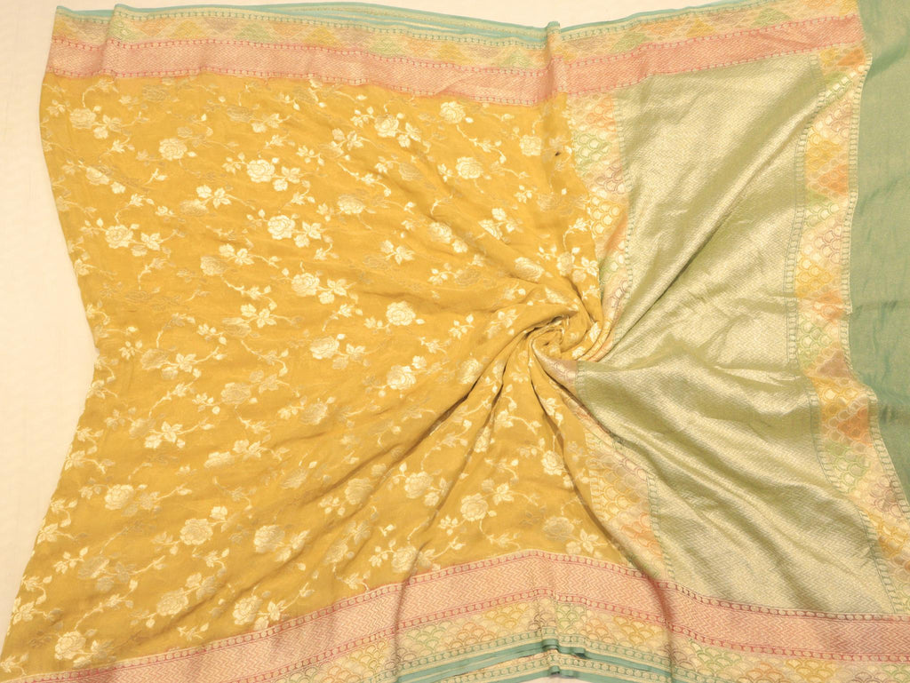 Yellow Tissue Georgette Banarasi saree texture detail