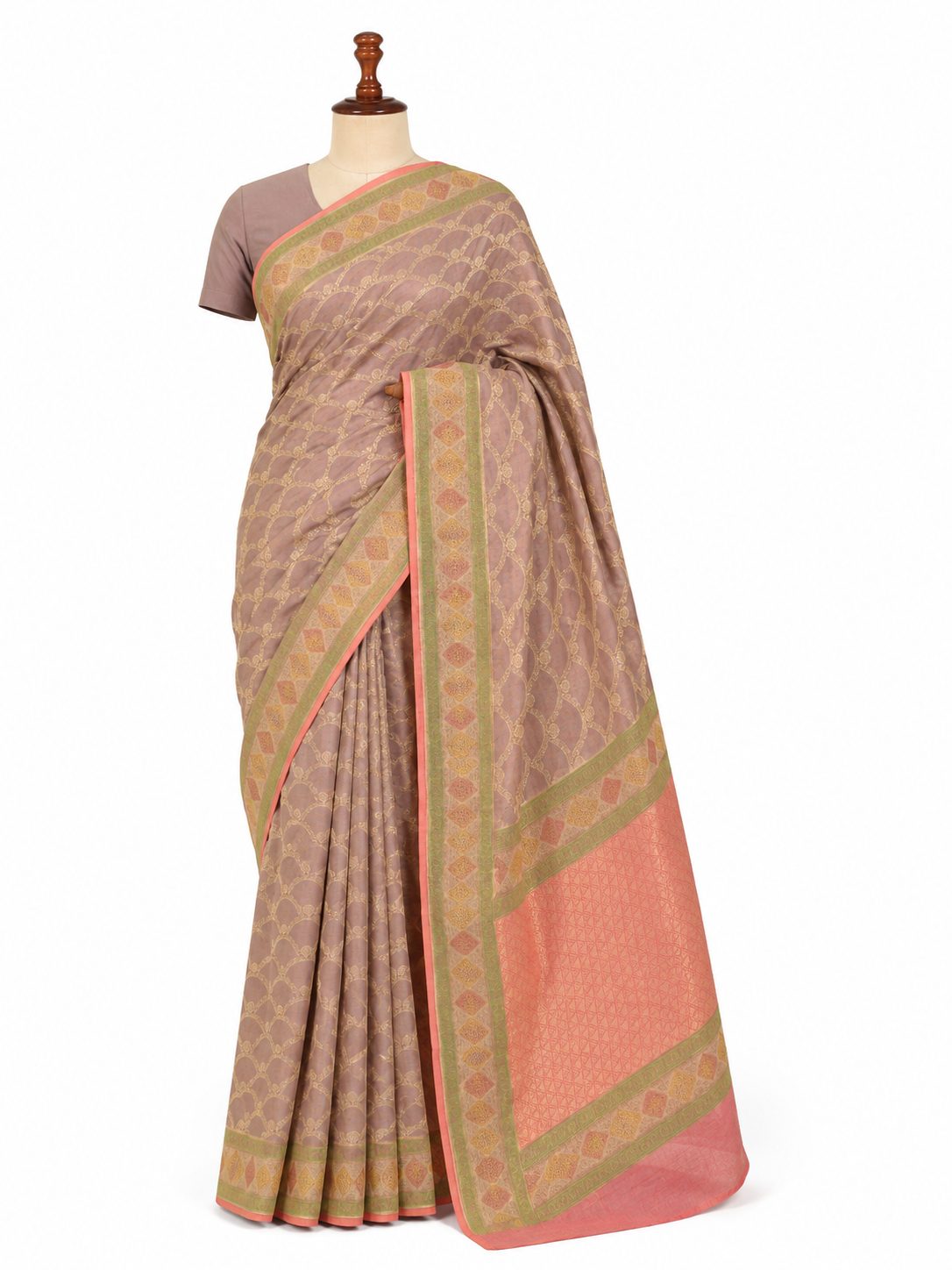 Muted Purple Tissue Georgette Banarasi saree front drape view