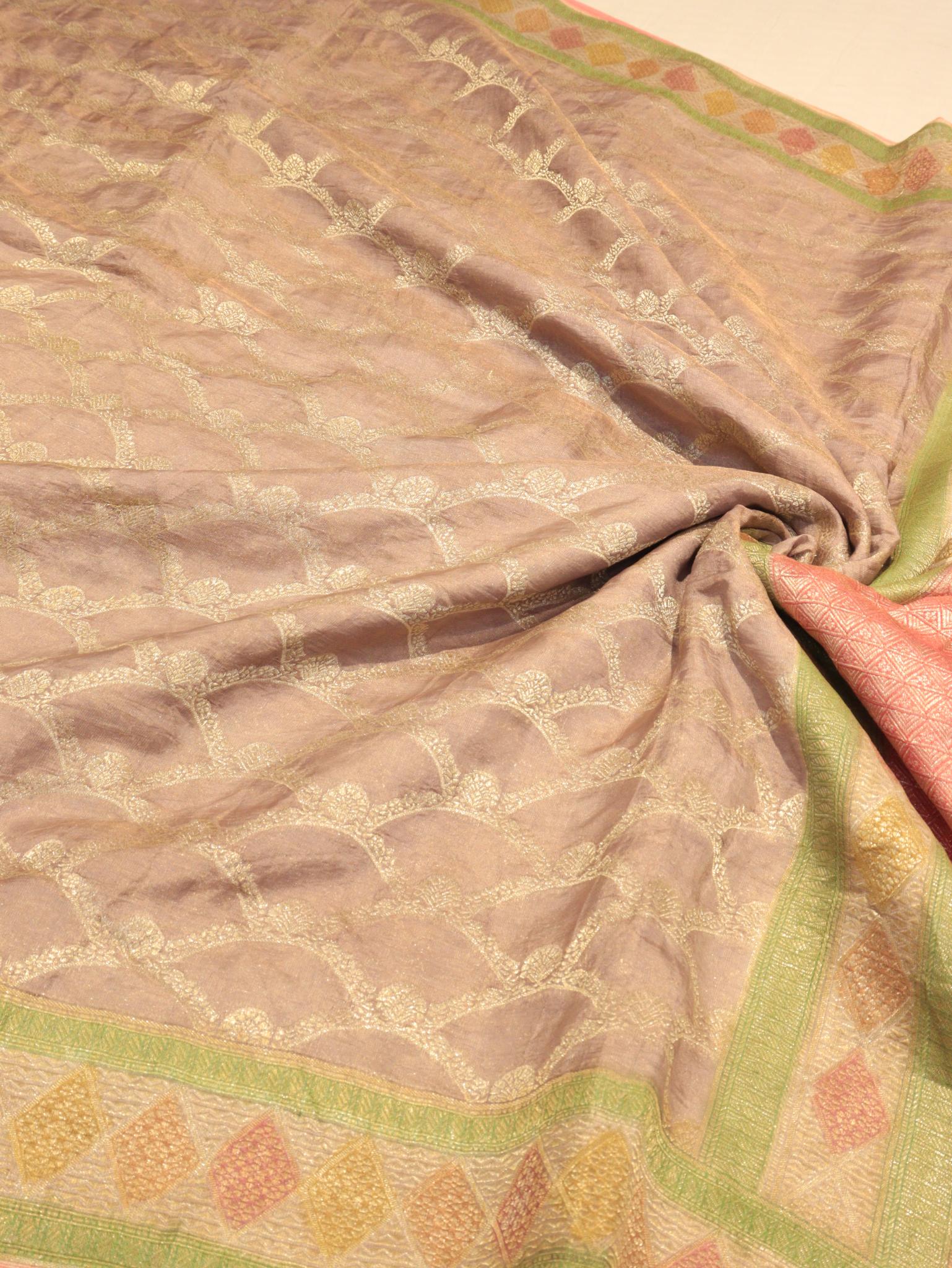 Muted Purple Tissue Georgette Banarasi saree pallu detail