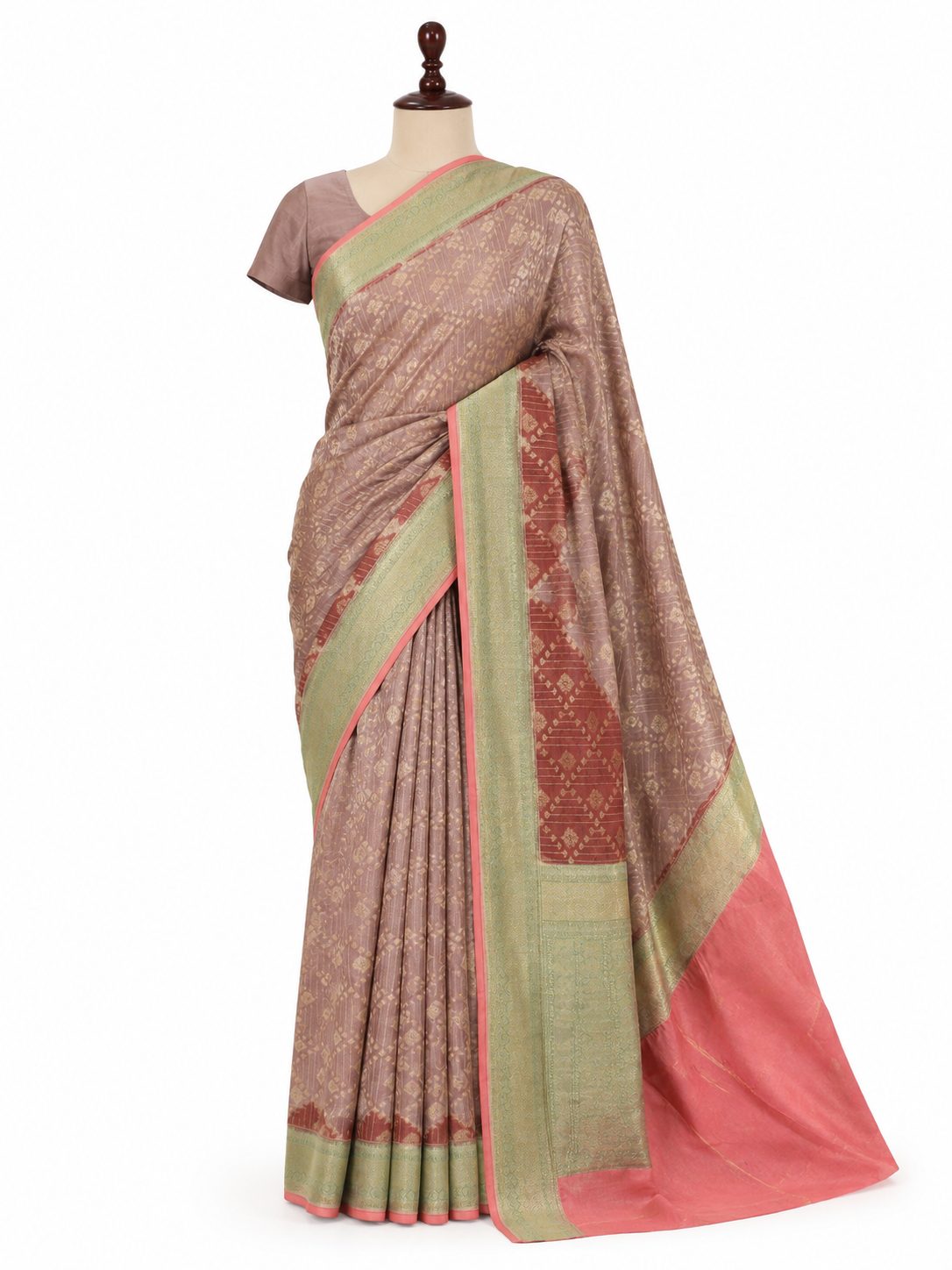 Muted Shades Tissue Georgette Banarasi saree front drape view