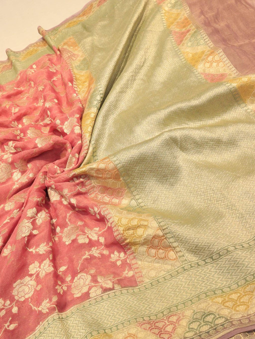 Dusty Rose Tissue Georgette Banarasi saree pallu detail