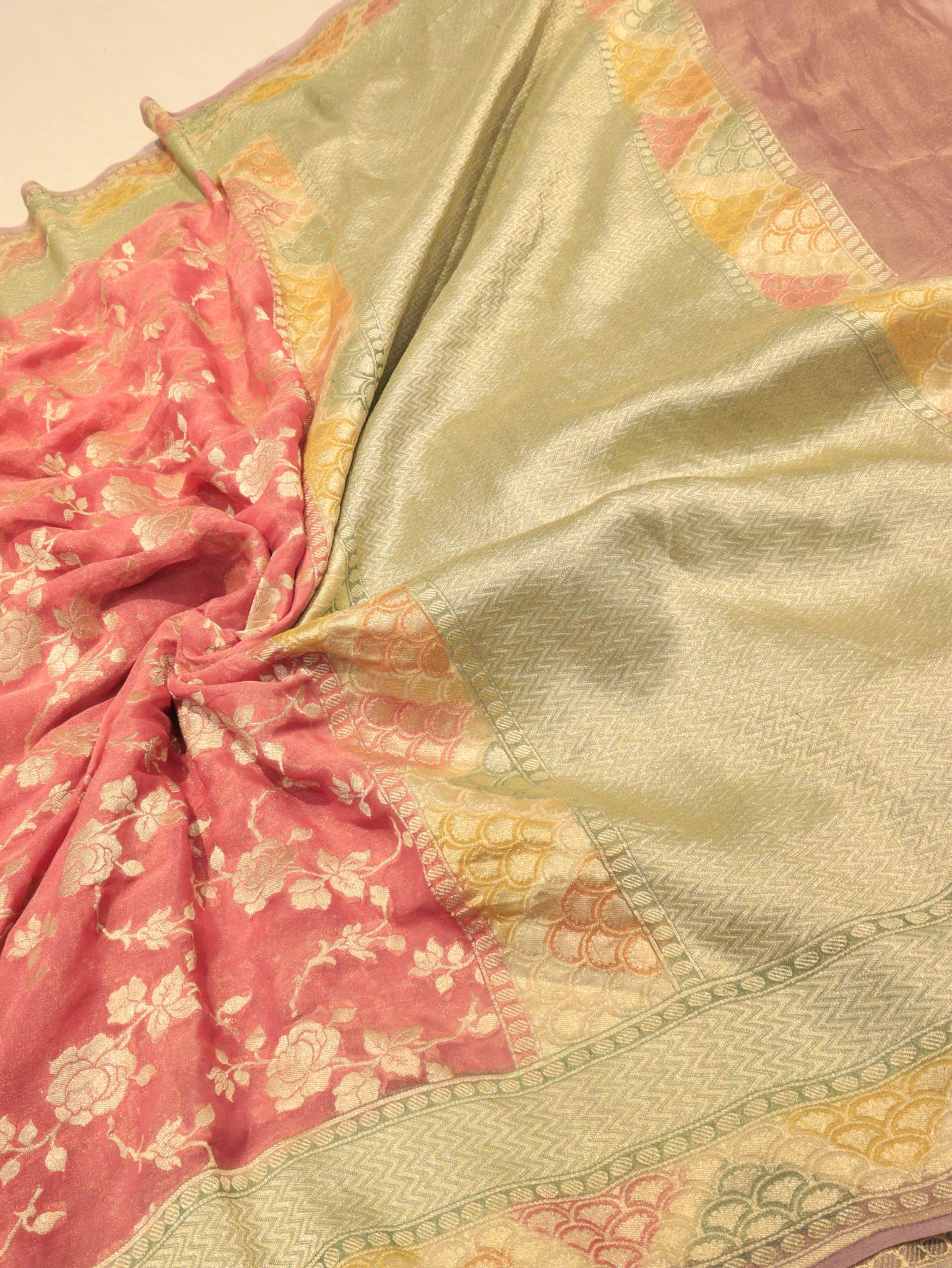 Dusty Rose Tissue Georgette Banarasi saree pallu detail