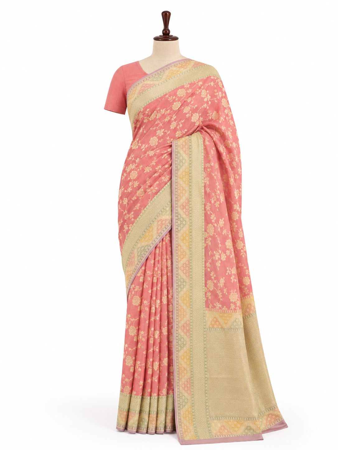 Dusty Rose Tissue Georgette Banarasi saree front drape view