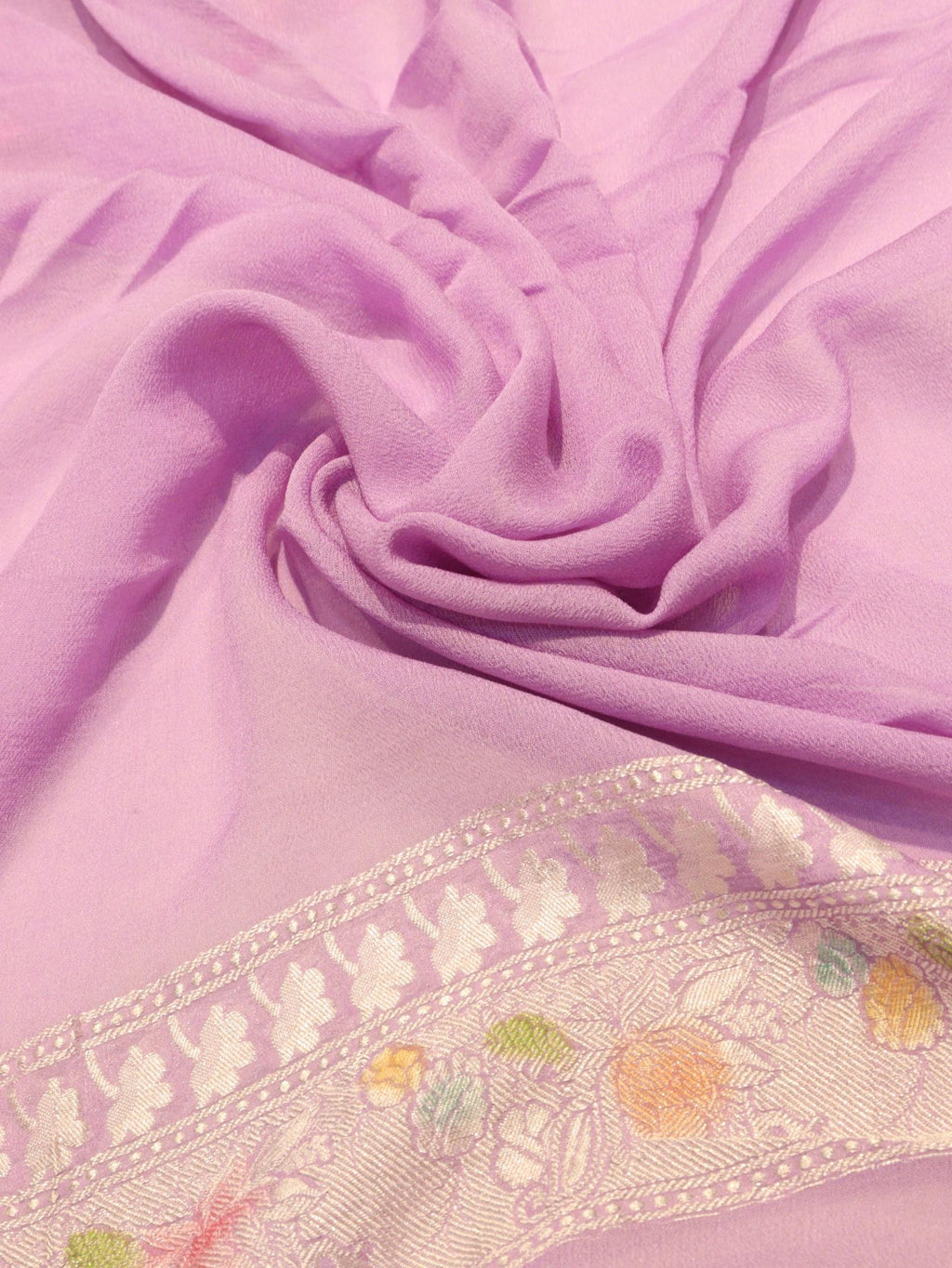 Lavender Khaddi Georgette Banarasi saree texture detail