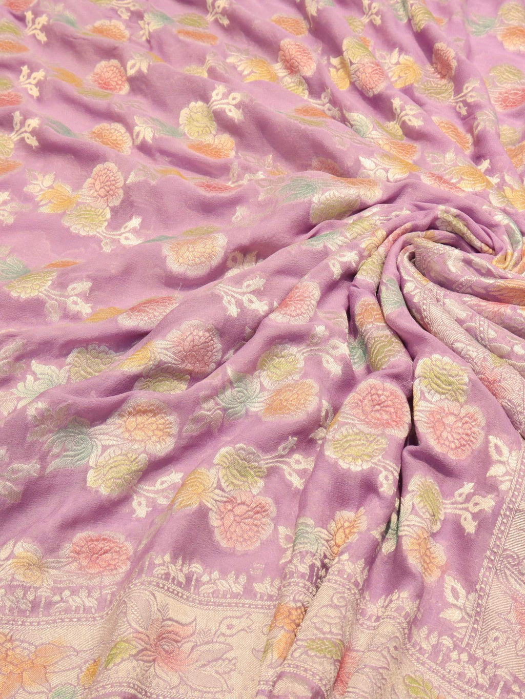 Lavender Khaddi Georgette Banarasi saree border closeup