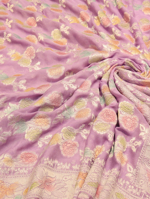 Lavender Khaddi Georgette Banarasi saree border closeup