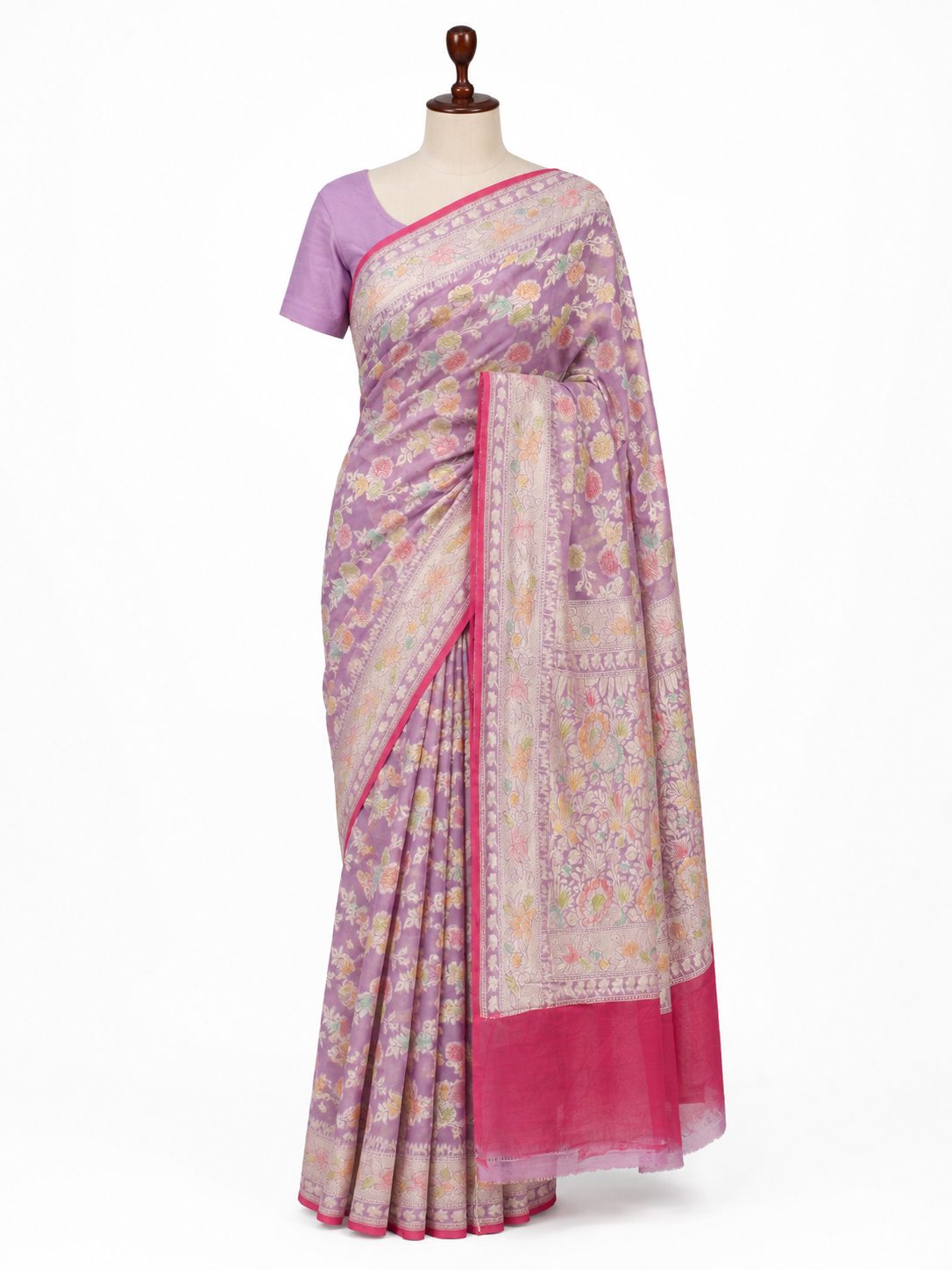 Lavender Khaddi Georgette Banarasi saree front drape view