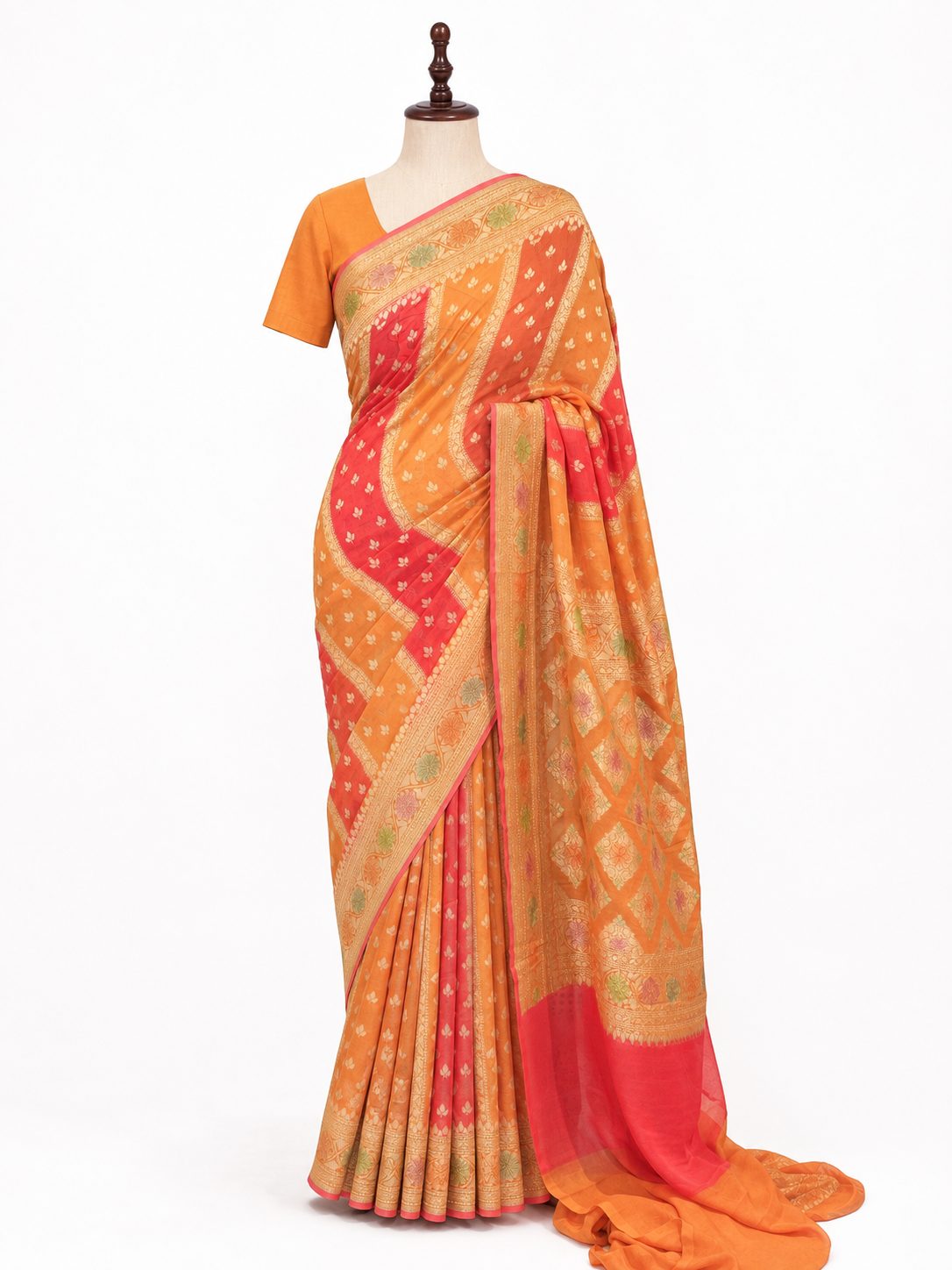 Rangkart Khaddi Georgette Banarasi saree front drape view
