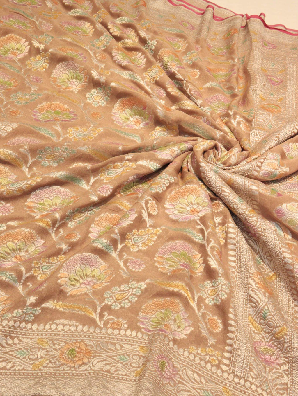 Taupe Khaddi Georgette Banarasi saree pallu detail