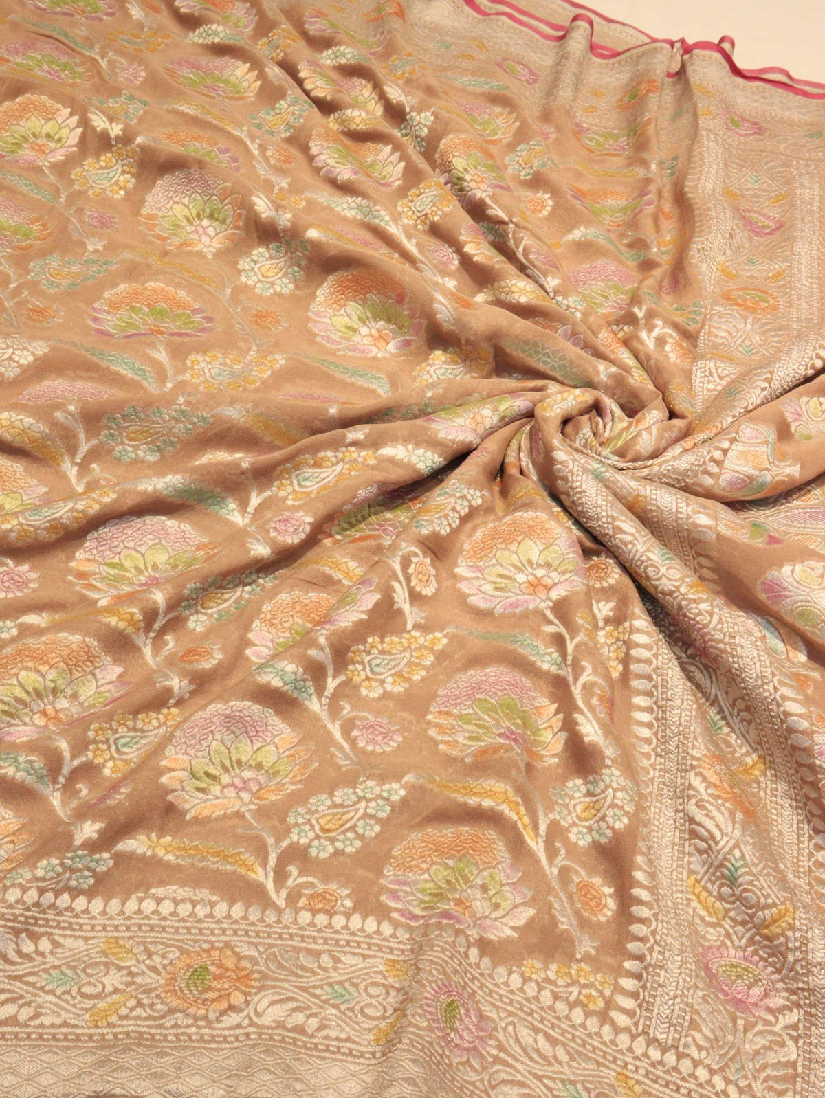 Taupe Khaddi Georgette Banarasi saree pallu detail