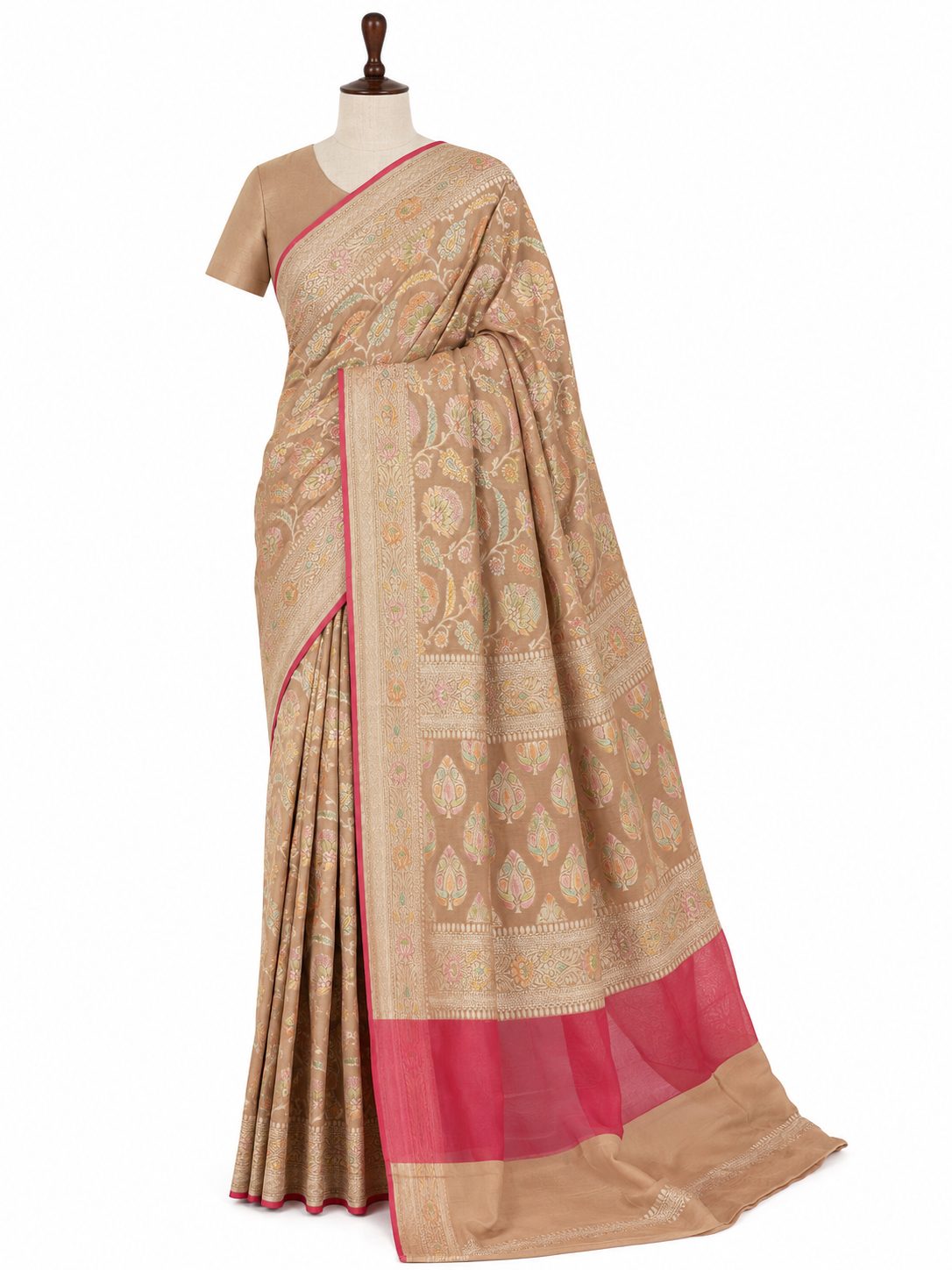 Taupe Khaddi Georgette Banarasi saree front drape view