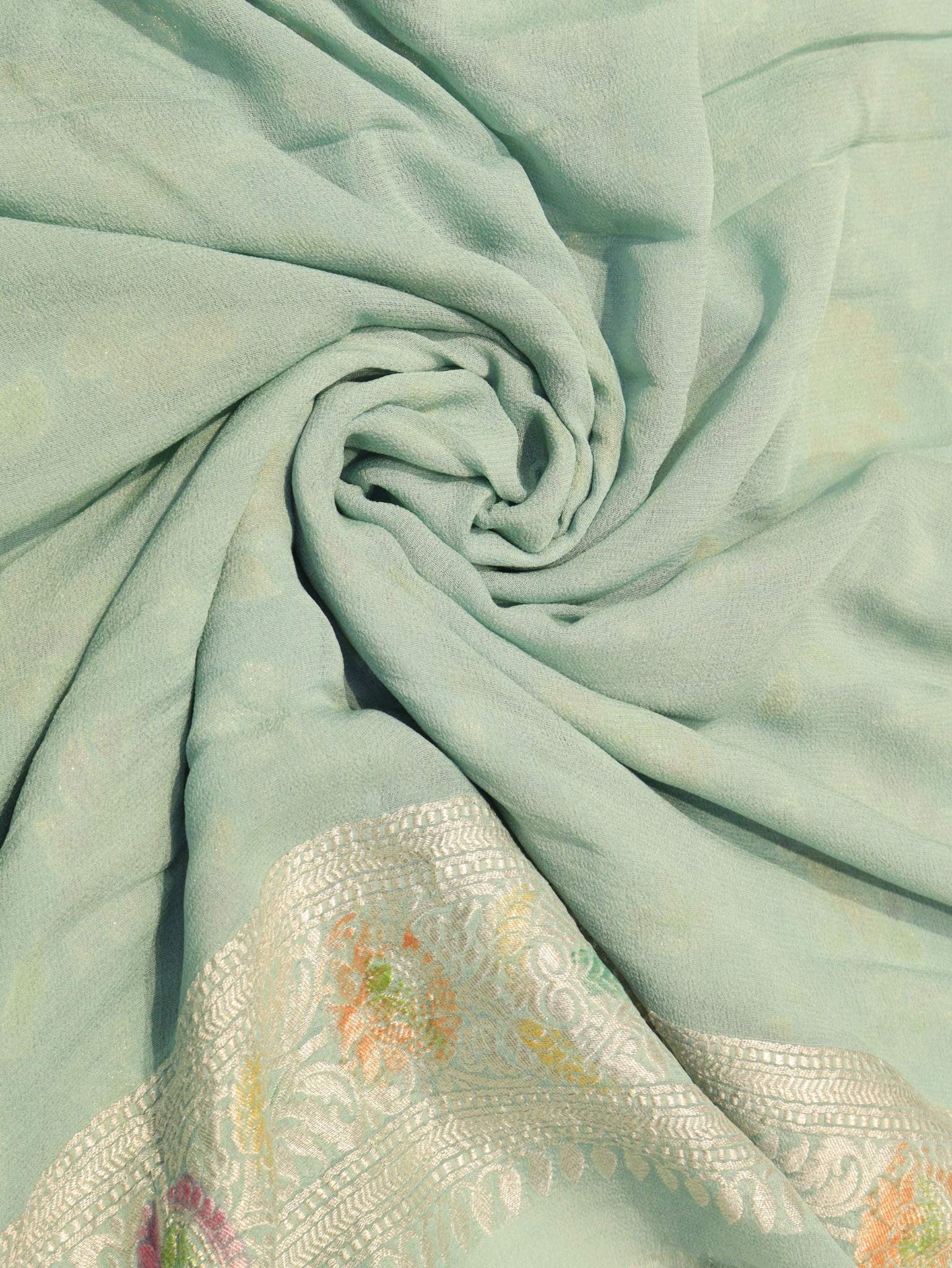 Mint Green Khaddi Georgette Banarasi saree pallu detail