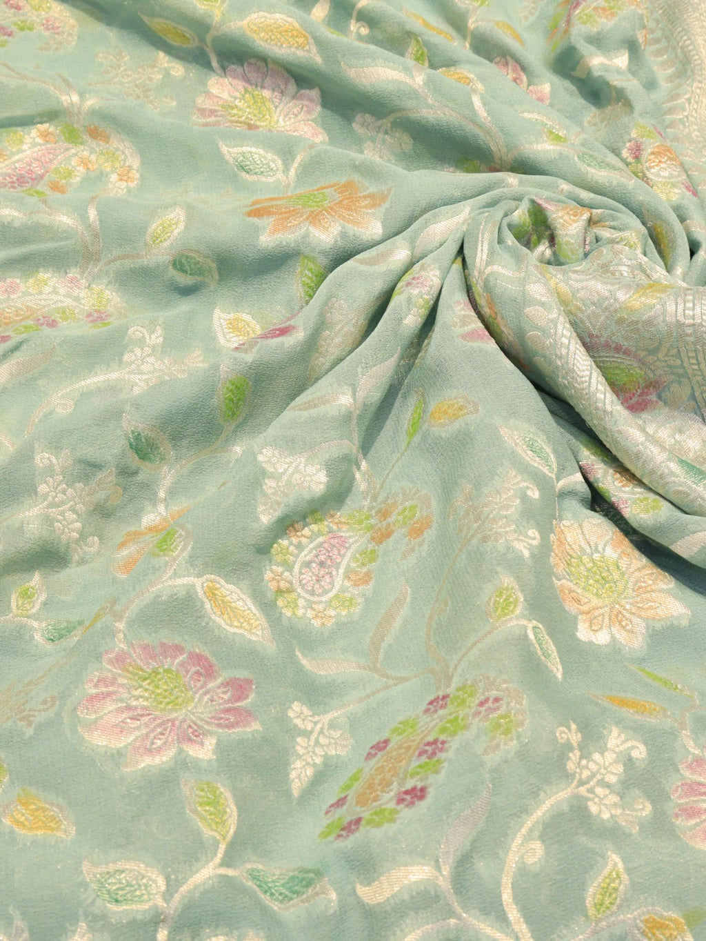 Mint Green Khaddi Georgette Banarasi saree border closeup