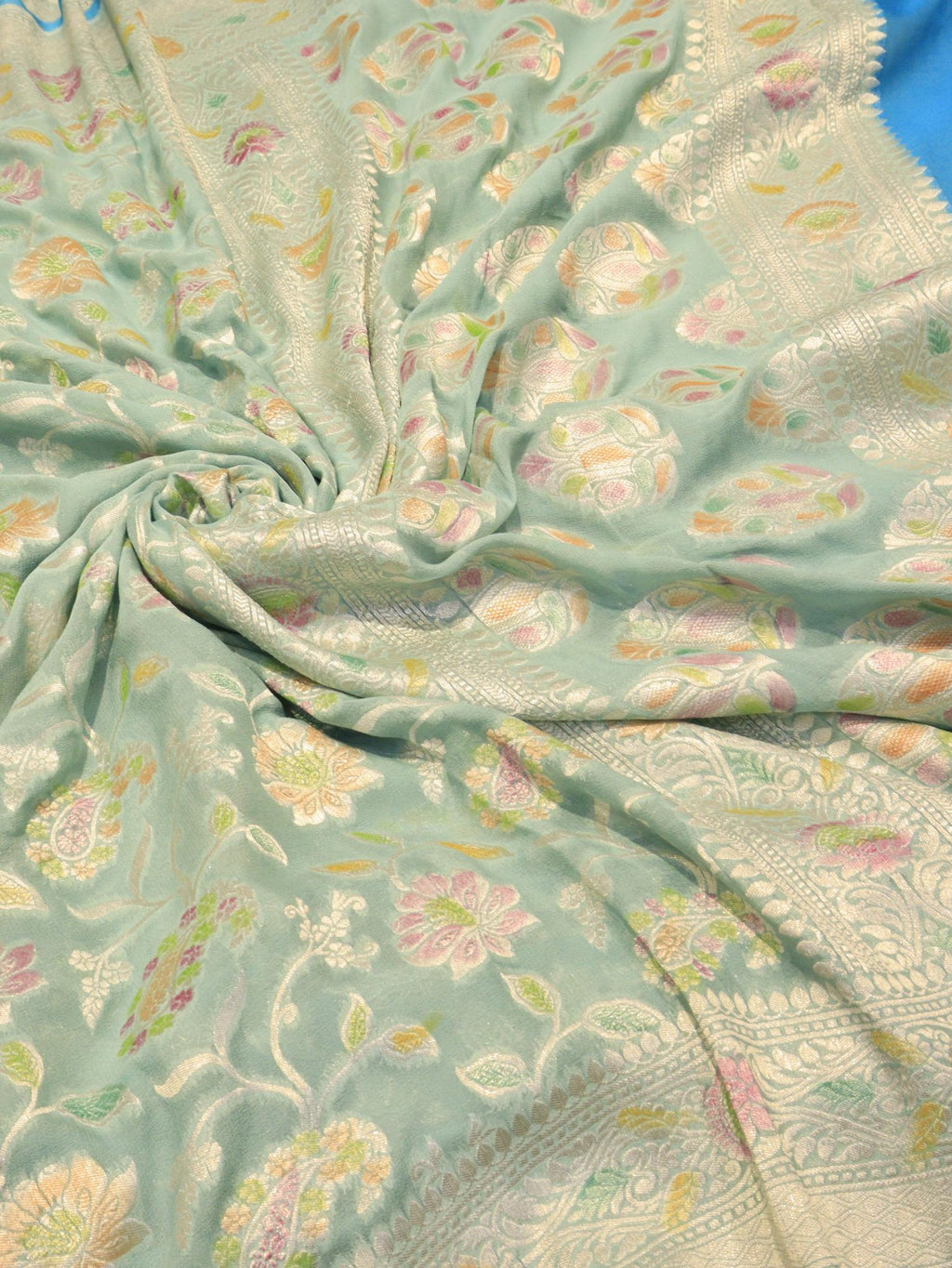 Mint Green Khaddi Georgette Banarasi saree full spread
