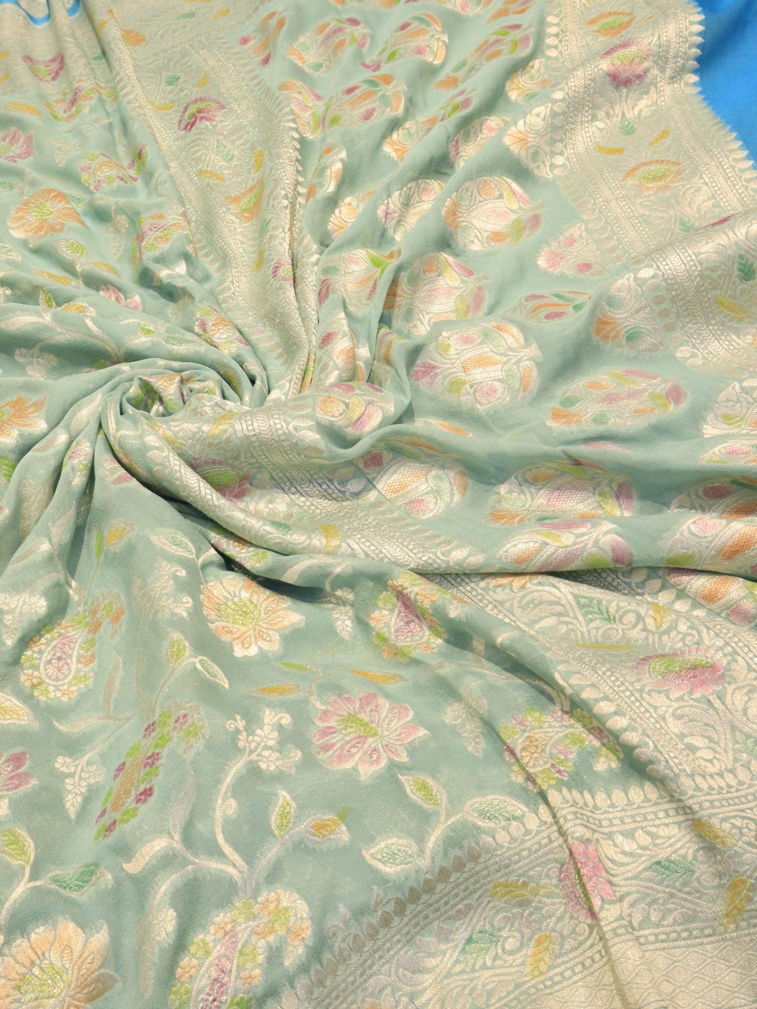 Mint Green Khaddi Georgette Banarasi saree full spread
