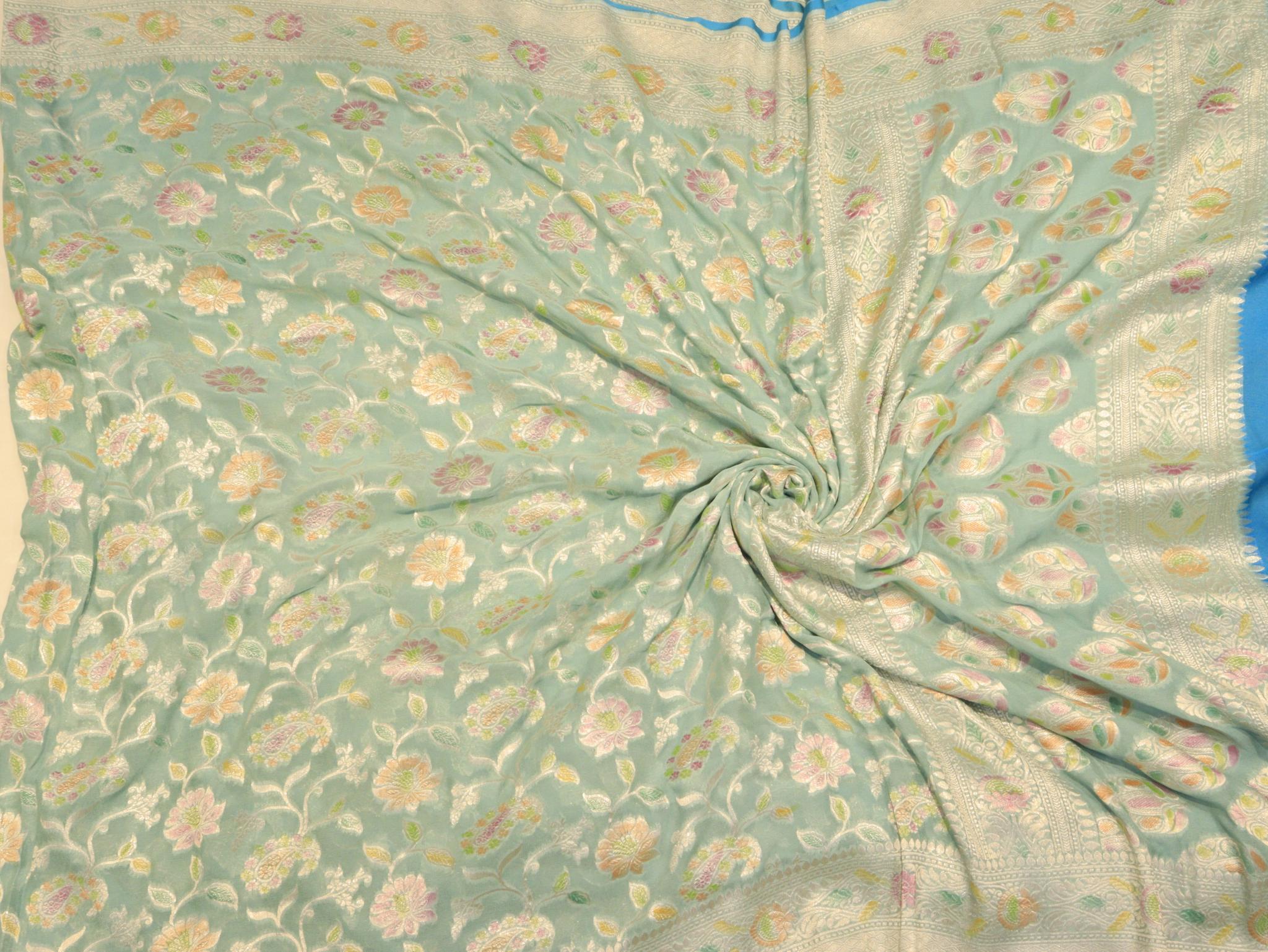 Mint Green Khaddi Georgette Banarasi saree texture detail