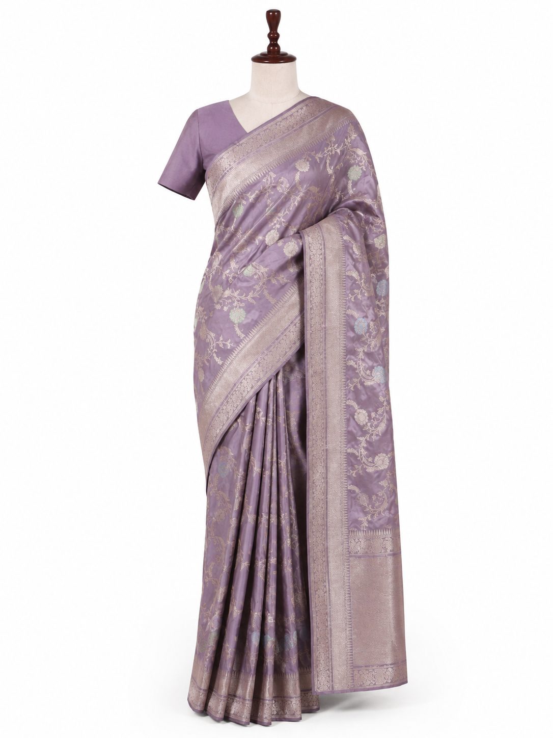 Lilac Katan Silk Banarasi saree front drape view