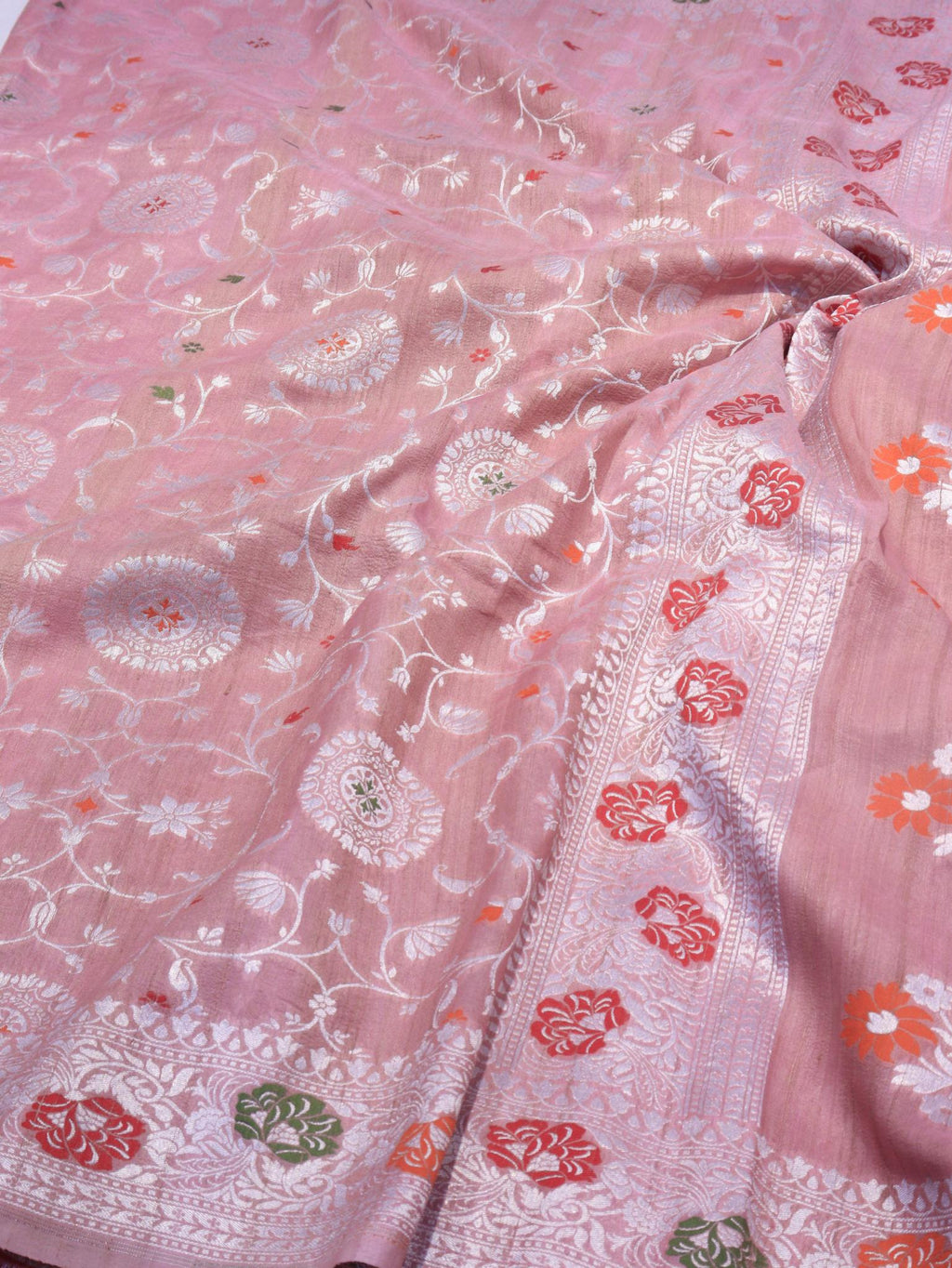 Dusty Pink Tussar Silk Banarasi saree full spread