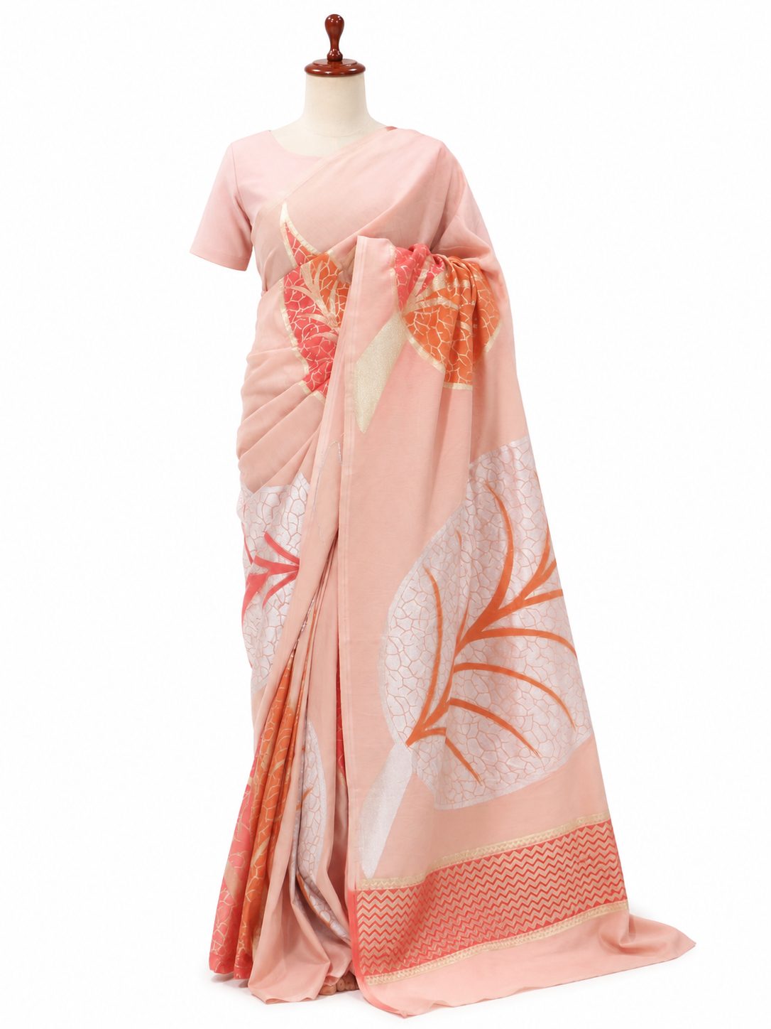 Soft Rose Moonga Silk Banarasi saree front drape view
