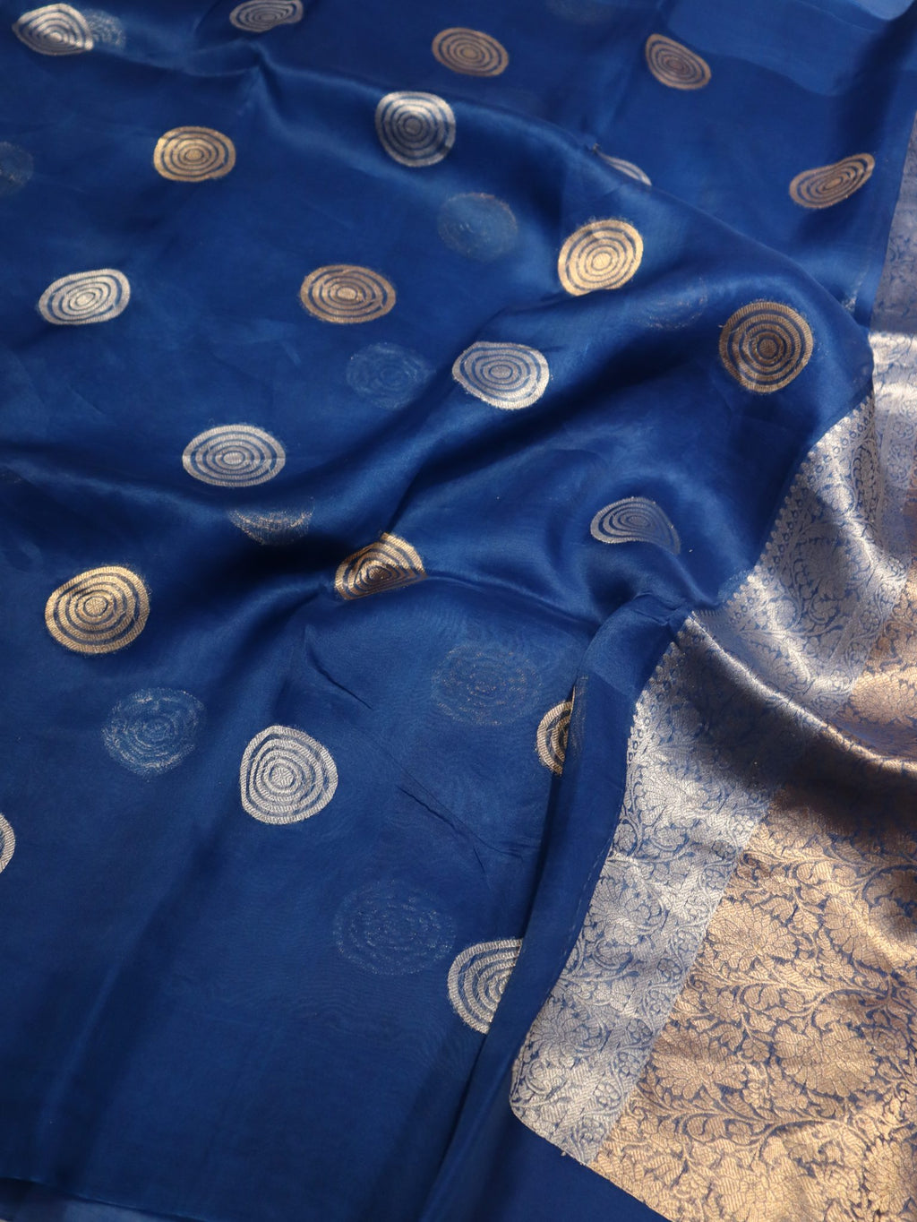 Royal Blue Kora Silk Banarasi saree border closeup