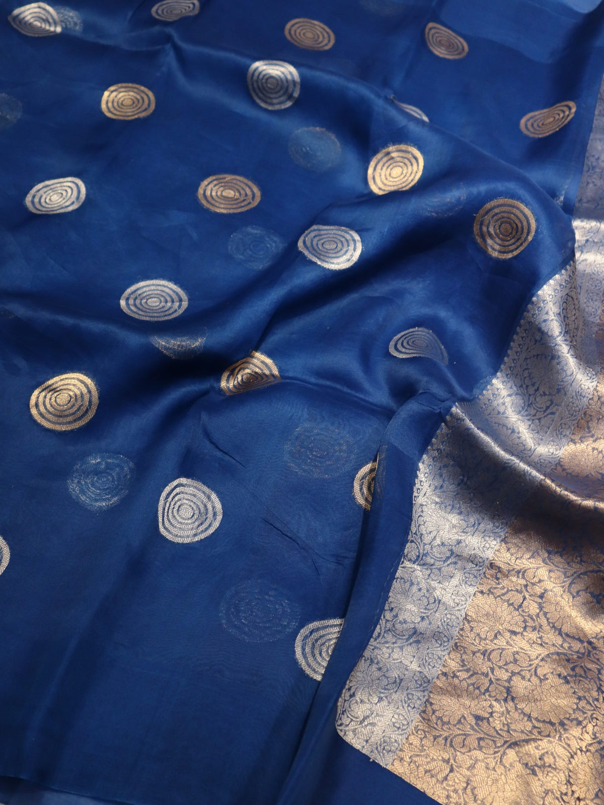 Royal Blue Kora Silk Banarasi saree border closeup
