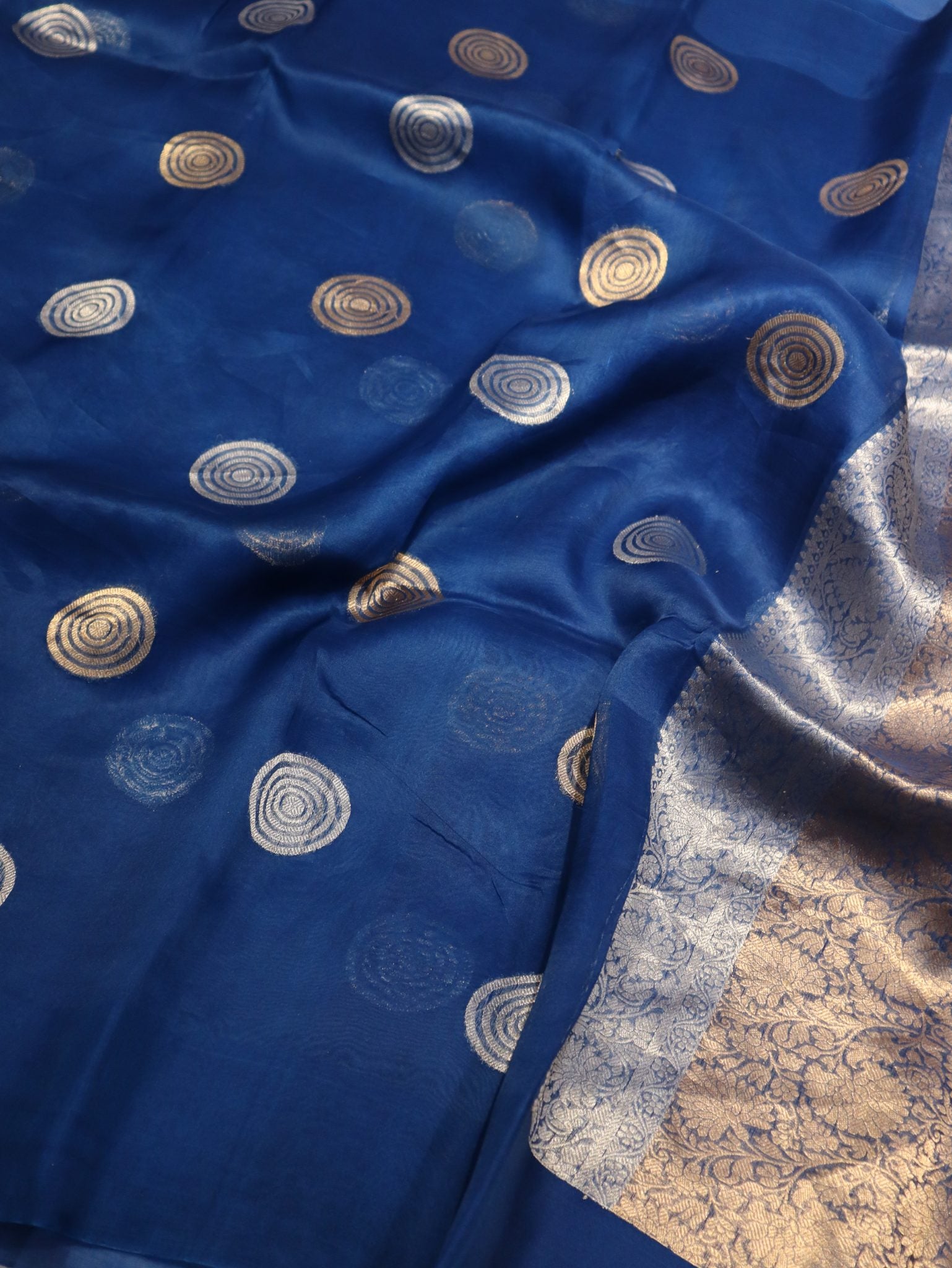 Royal Blue Kora Silk Banarasi saree border closeup