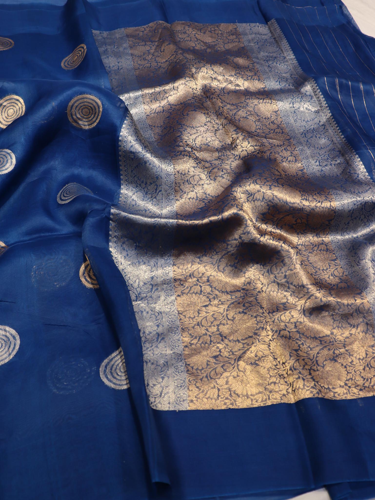 Royal Blue Kora Silk Banarasi saree blouse piece