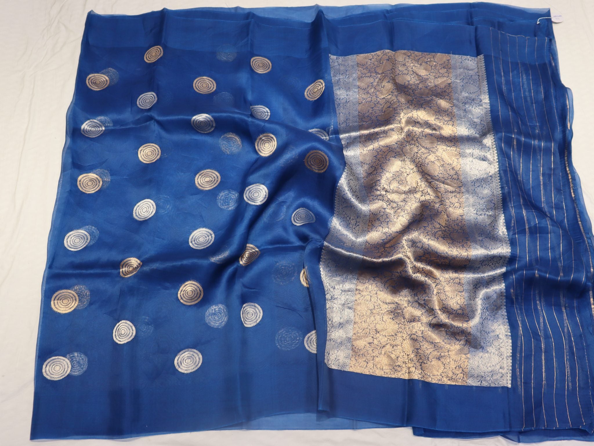 Royal Blue Kora Silk Banarasi saree full spread