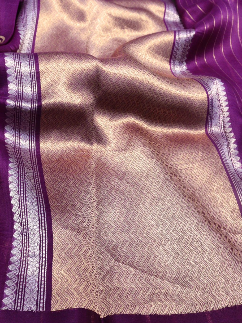 Purple Kora Silk Banarasi saree border closeup