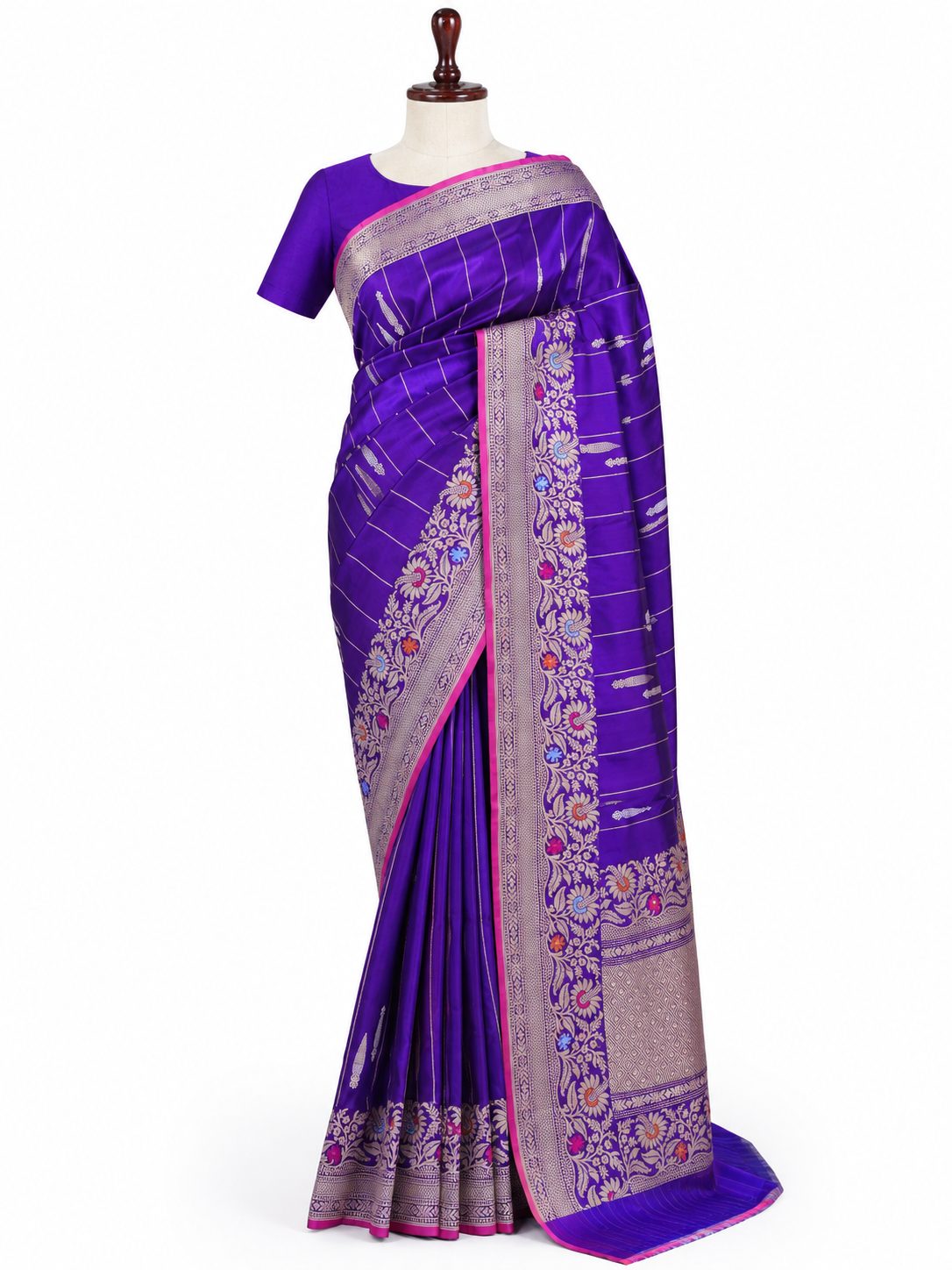 Dhoop Chav Purple Katan Silk Banarasi saree front drape view