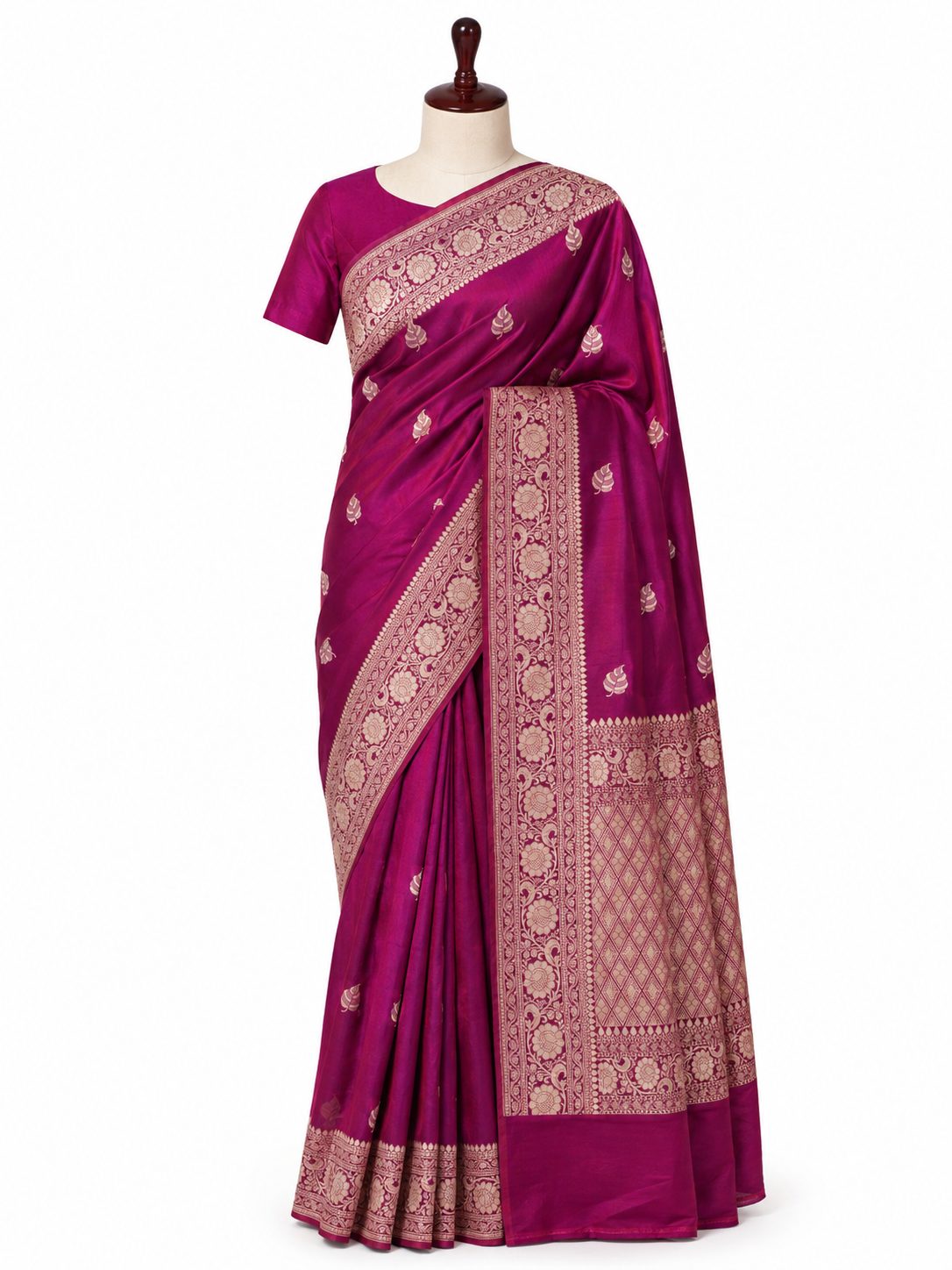 Dhoop Chav Magenta Katan Silk Banarasi saree front drape view