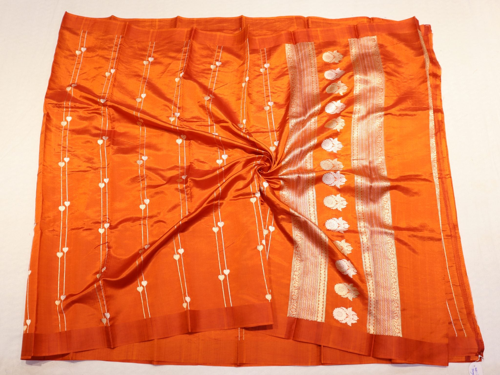 Rust Orange Katan Silk Banarasi saree full spread