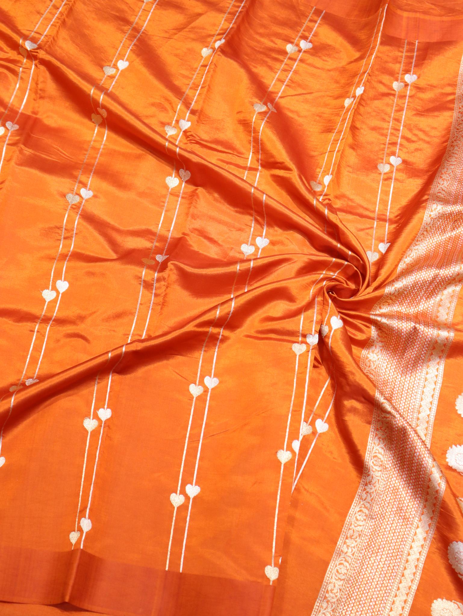 Rust Orange Katan Silk Banarasi saree border closeup