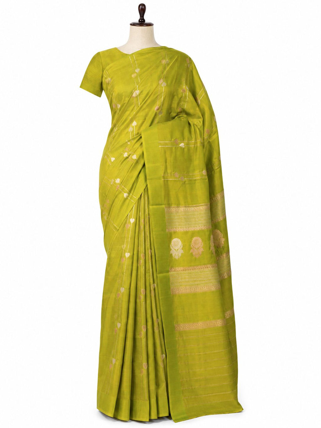 Olive Green Katan Silk Banarasi saree front drape view