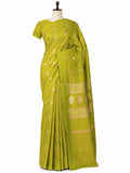 Olive Green Katan Silk Banarasi saree front drape view