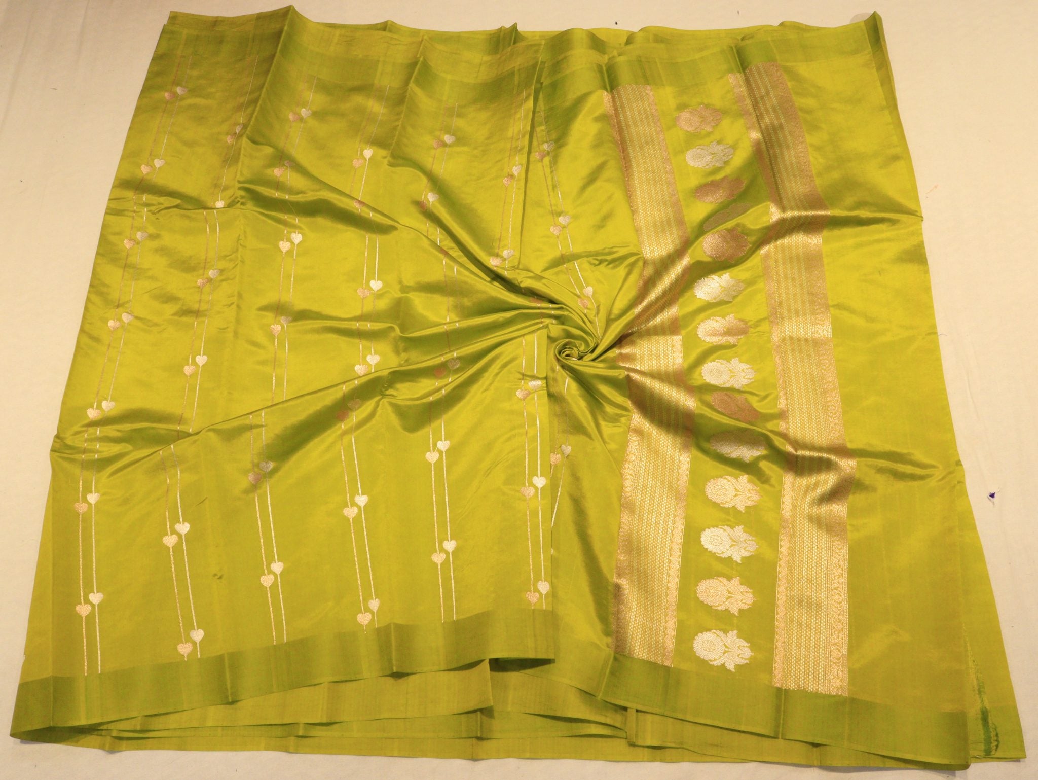 Olive Green Katan Silk Banarasi saree texture detail