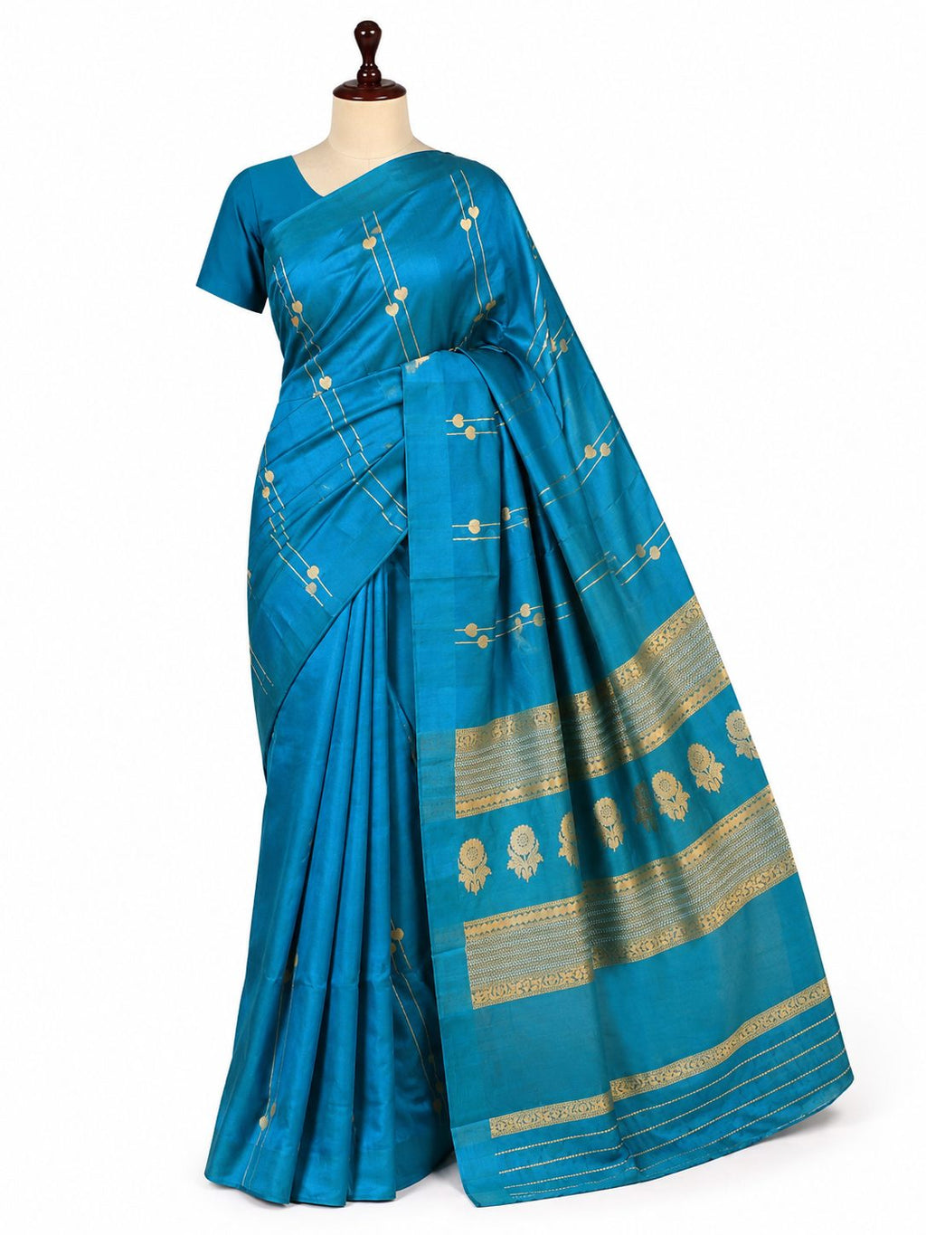 Dark Turquoise Katan Silk Banarasi saree front drape view