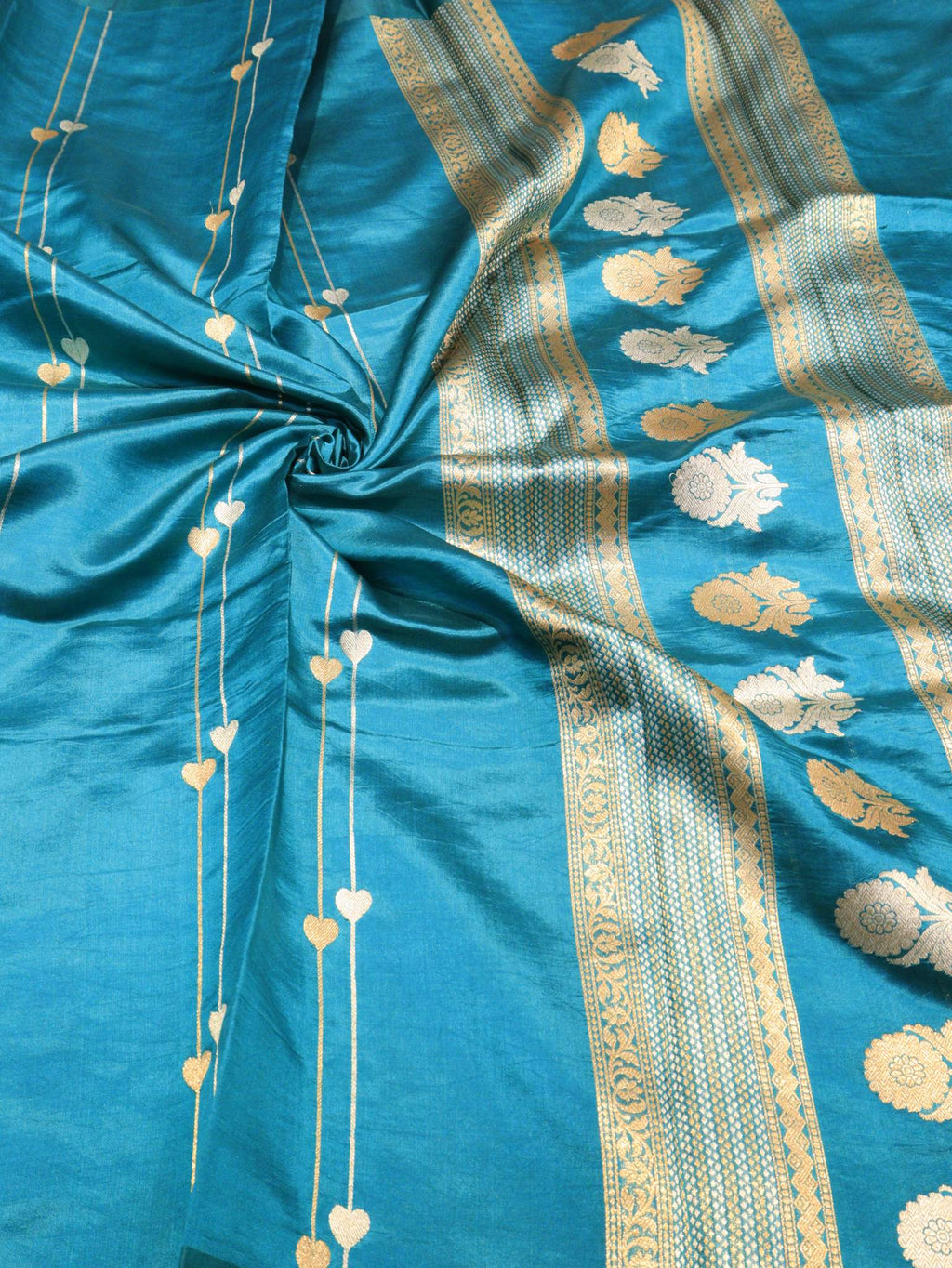 Dark Turquoise Katan Silk Banarasi saree border closeup