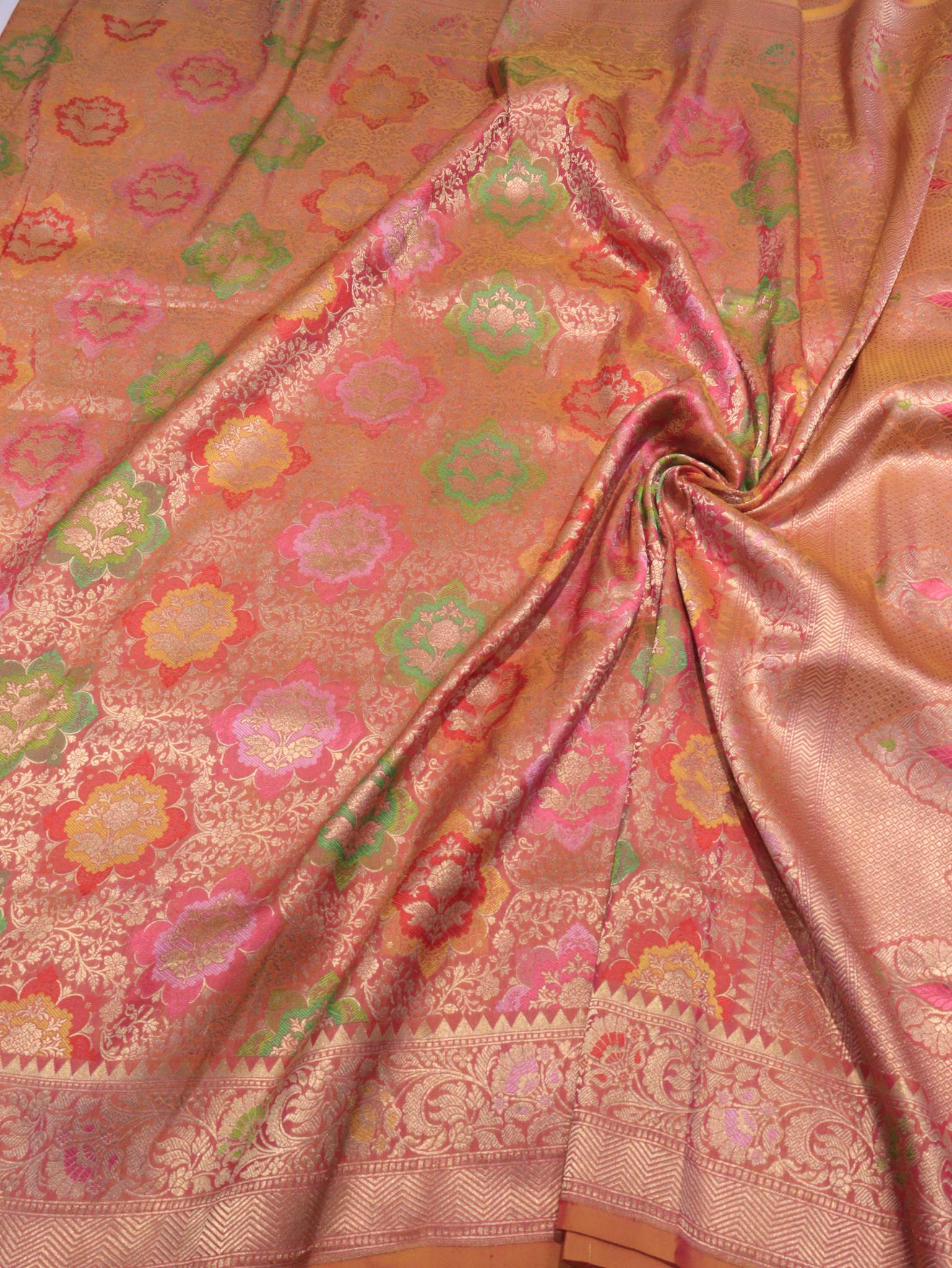 Dhup Chhav Peach Katan Silk Banarasi saree pallu detail