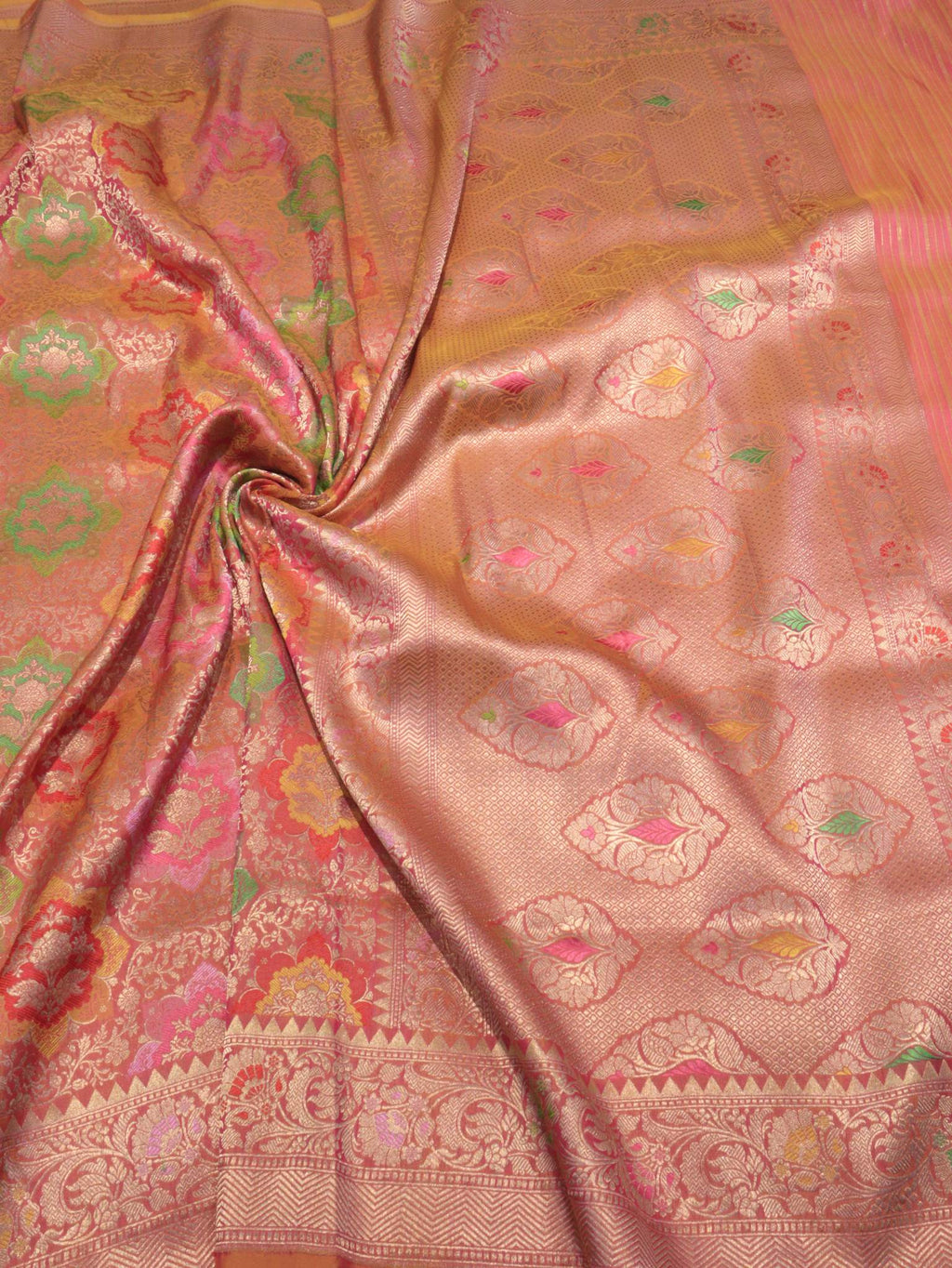 Dhup Chhav Peach Katan Silk Banarasi saree border closeup