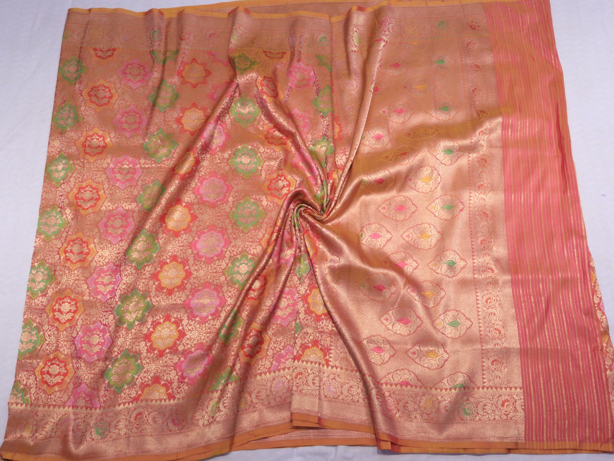 Dhup Chhav Peach Katan Silk Banarasi saree zari work detail