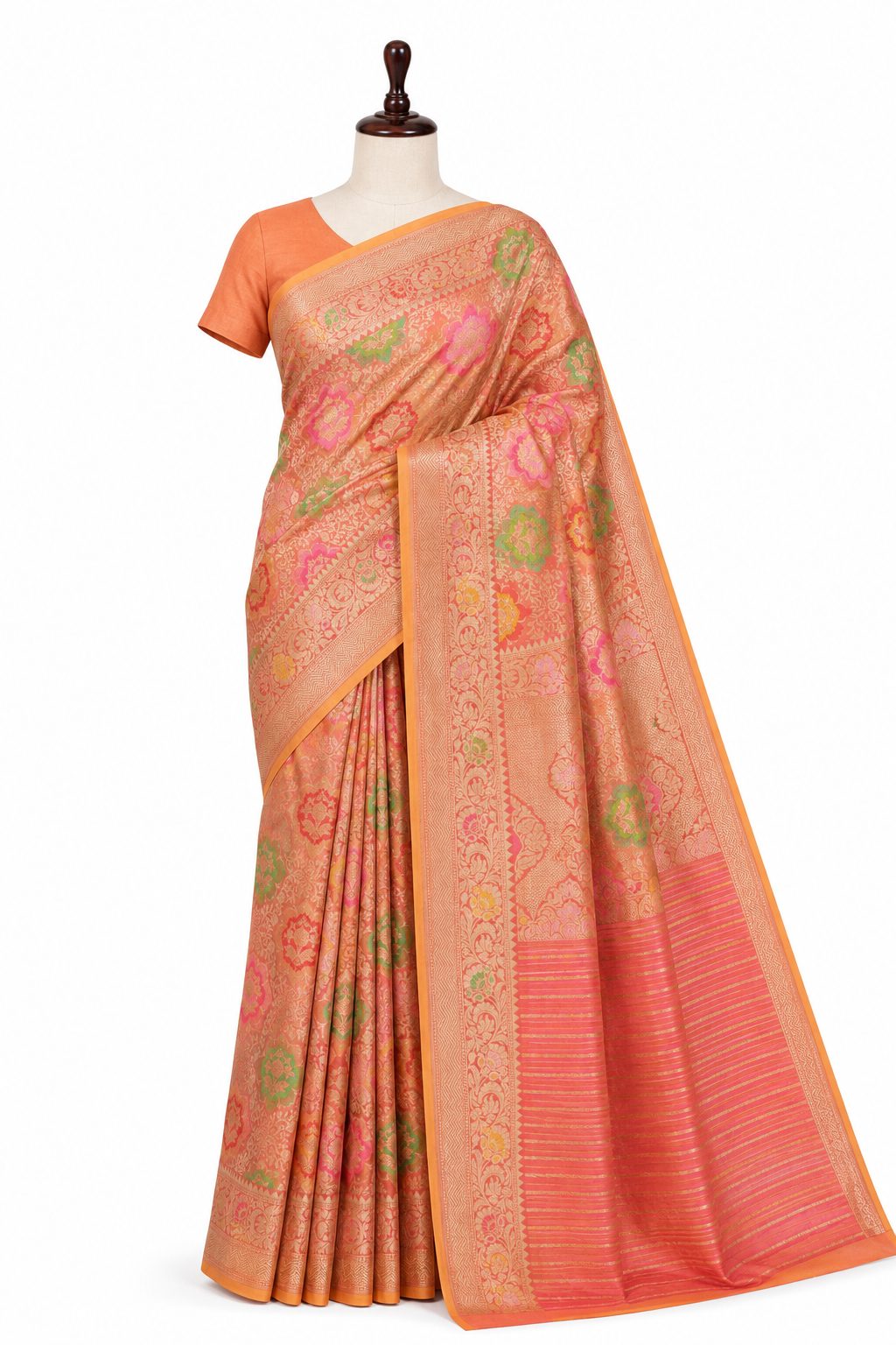 Dhup Chhav Peach Katan Silk Banarasi saree front drape view
