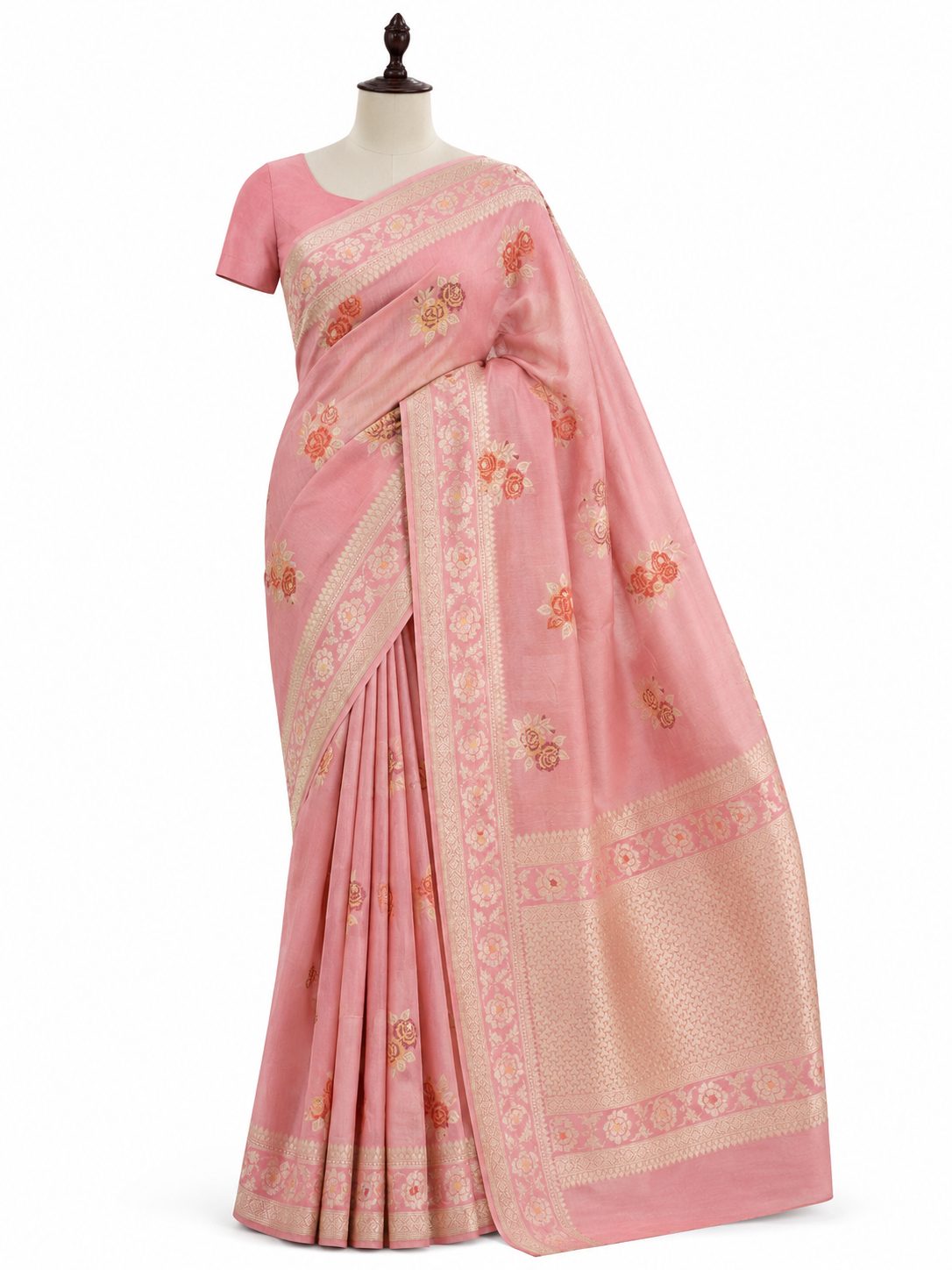Dusty Rose Moonga Silk Banarasi saree front drape view