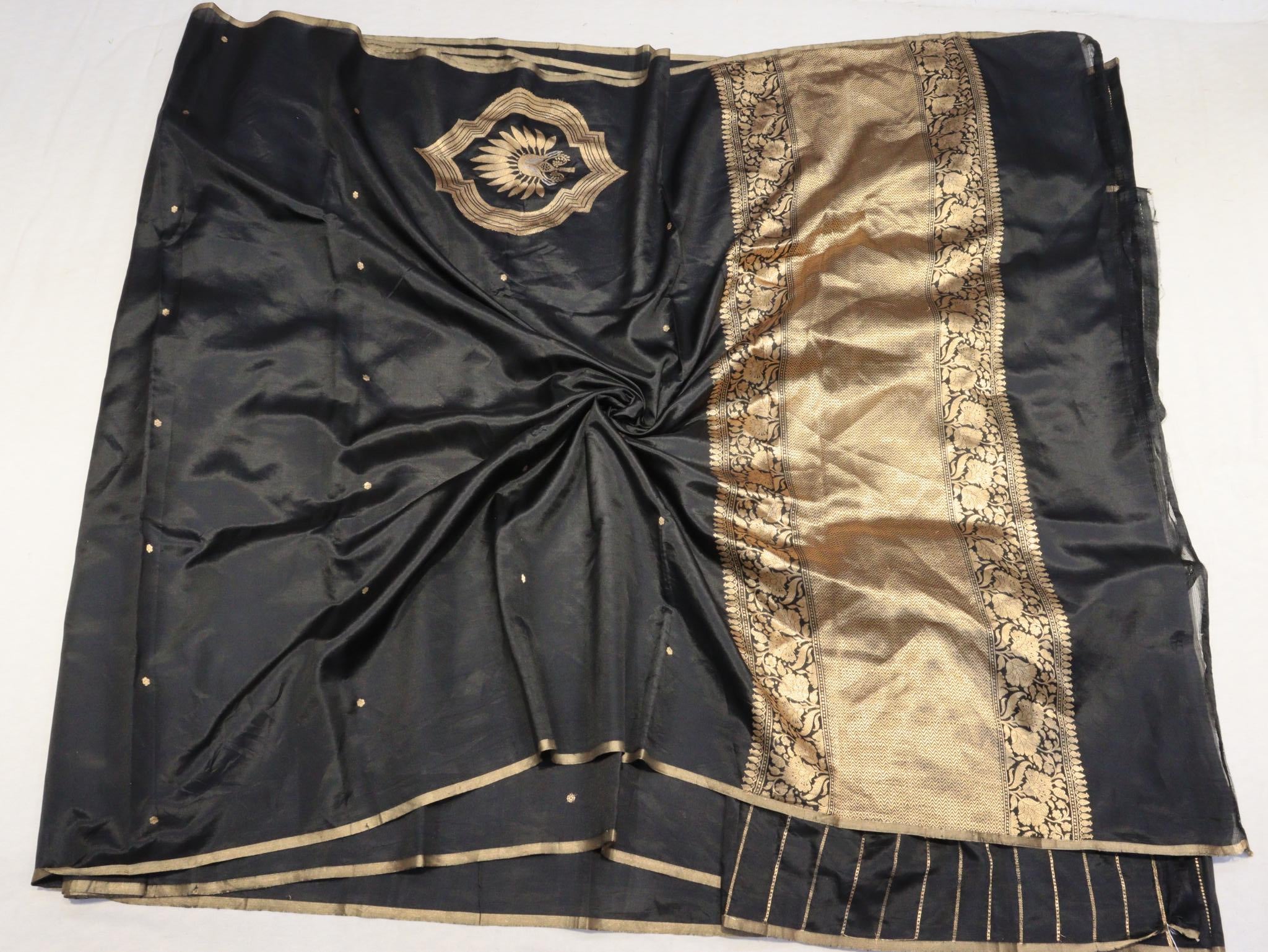Black Soft Katan Banarasi saree front drape view